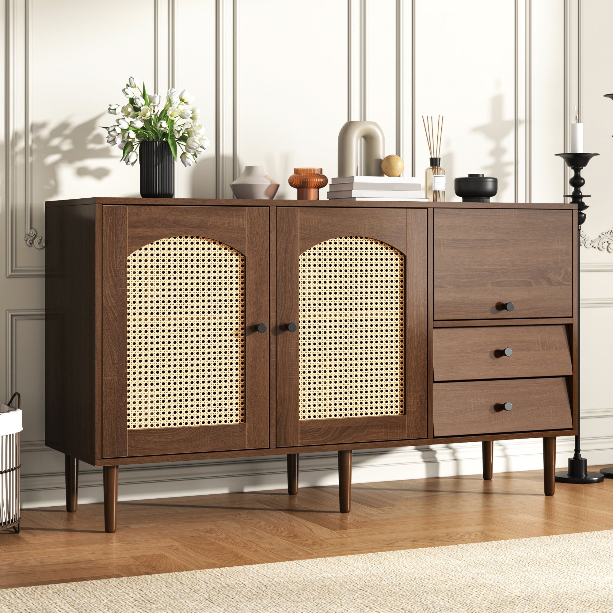 Country-Style Sideboard with Rattan Doors, Magnetic Closure Adjustable Shelves, Wood Tone