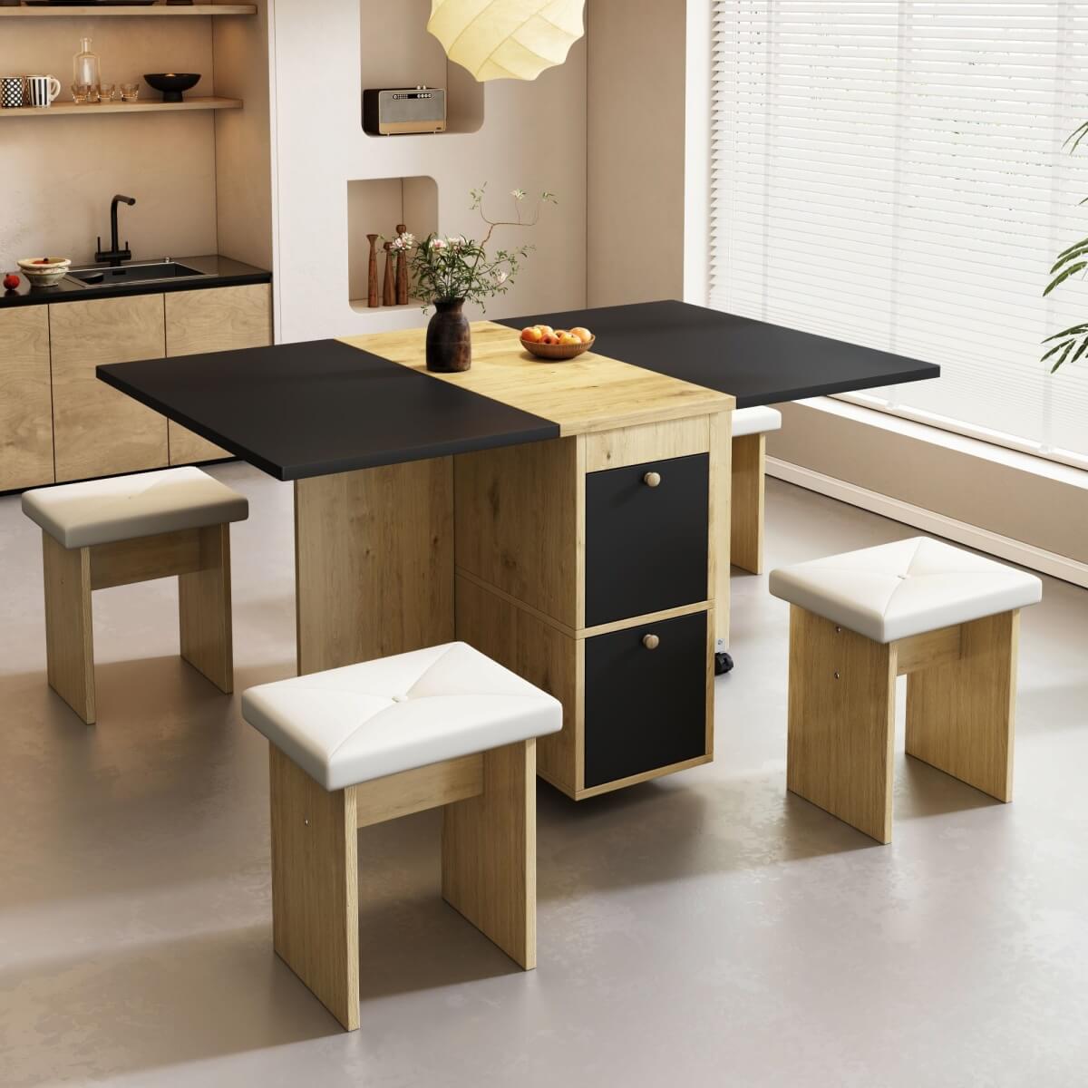 Dining Table Set with 4 Chairs – Extendable & Folding, Multifunctional Dining Table, 120x80x75cm
