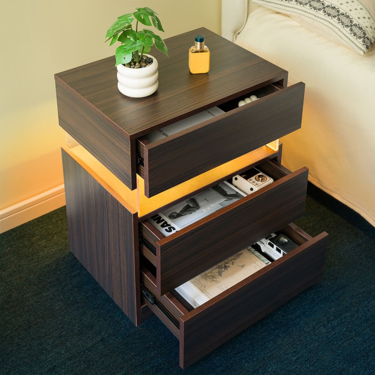 Walnut LED Bedside Table with 3 Drawers - Modern Bedroom Nightstand with LED Lighting