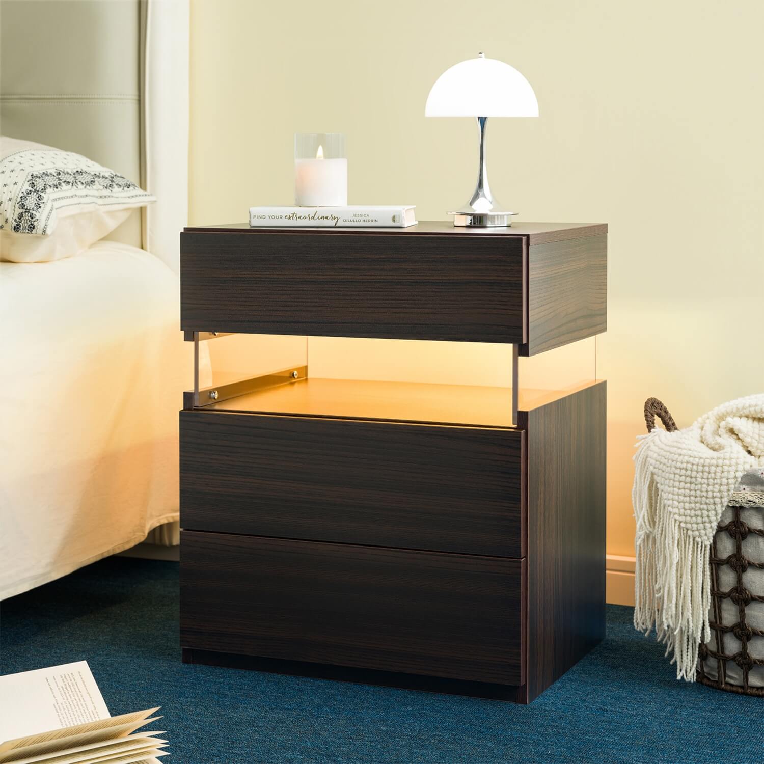 Walnut LED Bedside Table with 3 Drawers - Modern Bedroom Nightstand with LED Lighting