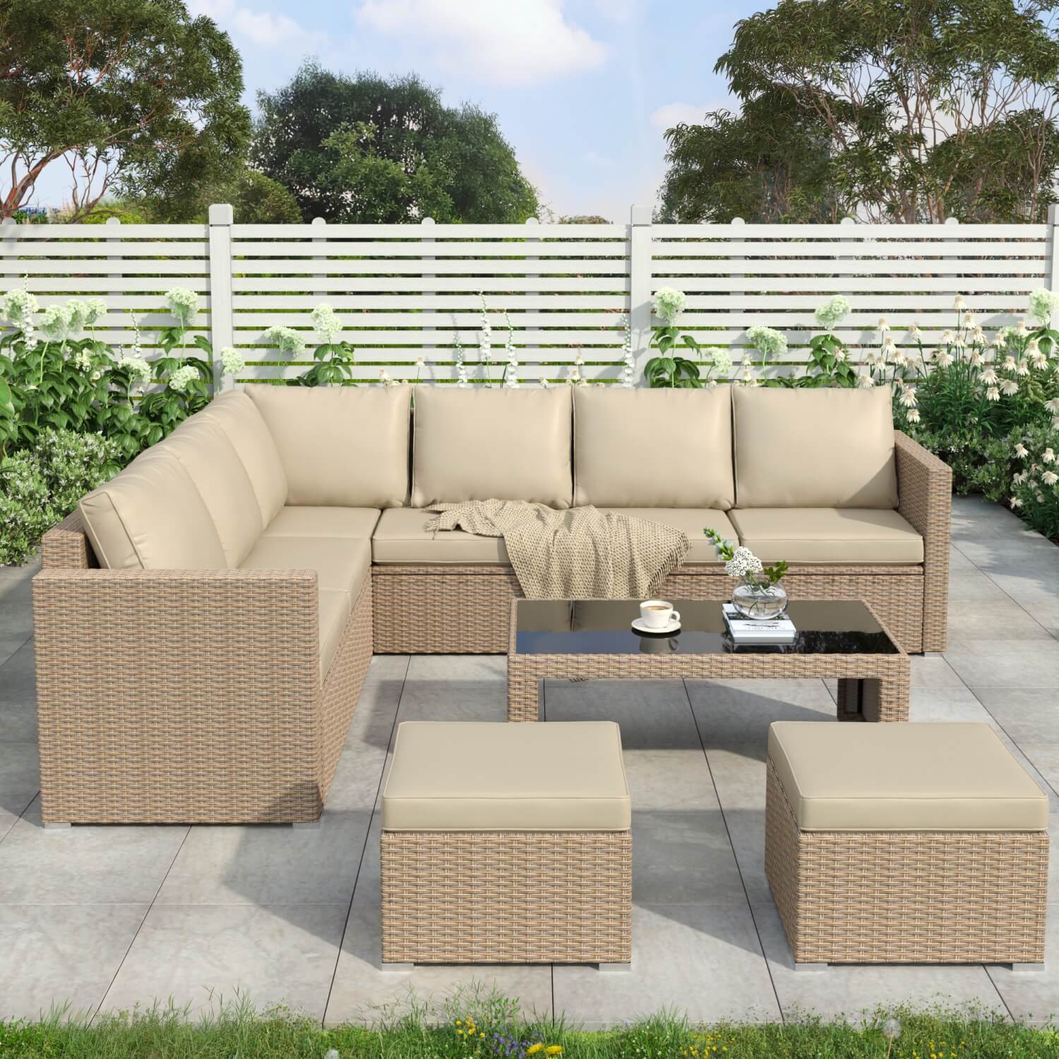 Garden Corner Sofa Set – Khaki Rattan Outdoor Furniture with Coffee Table and 2 Stools