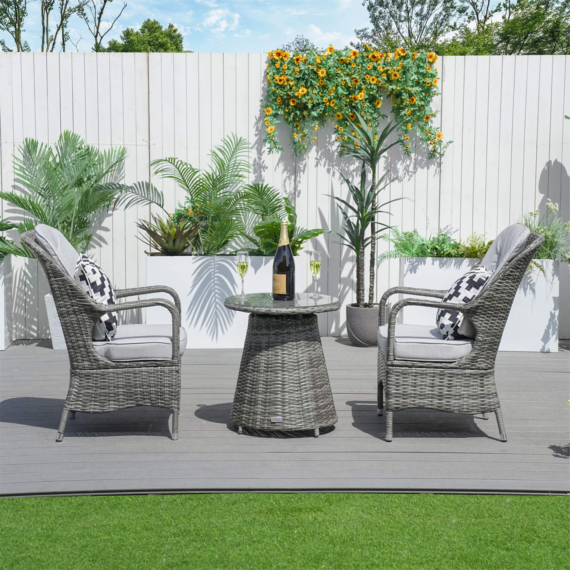 3 Piece Grey Rattan Bistro Set - Outdoor Garden Patio Table and Chairs
