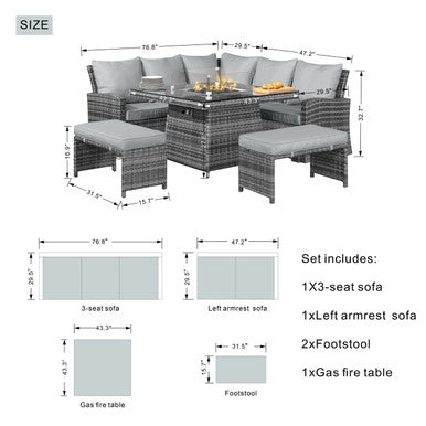 8-Seater Outdoor Corner Sofa Set with Square Fire Pit Table and 2 Benches - PAF-16700