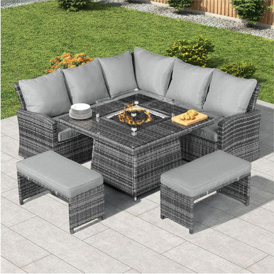 8-Seater Outdoor Corner Sofa Set with Square Fire Pit Table and 2 Benches - PAF-16700