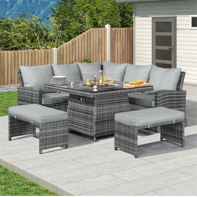 8-Seater Outdoor Corner Sofa Set with Square Fire Pit Table and 2 Benches - PAF-16700