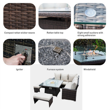 8-Seater Outdoor Corner Sofa Set with Square Fire Pit Table and 2 Benches - PAF-16700