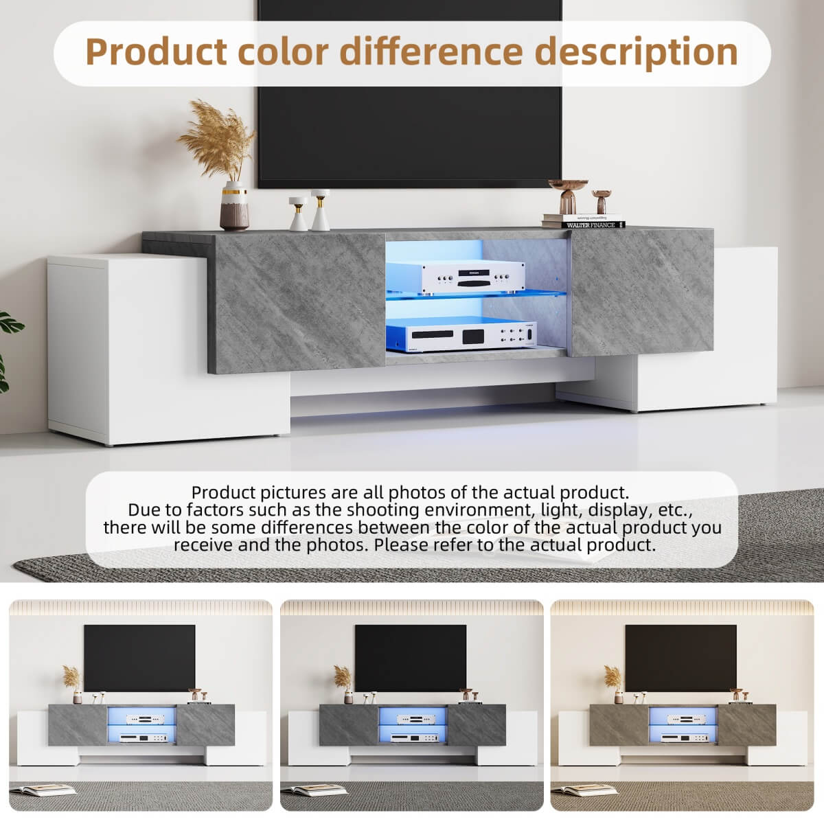 TV Stand with LED Lights – 4 Doors & 2 Open Storage Compartments, White & Grey MDF, 180x40x46.5cm, Fits Up to 80” TV