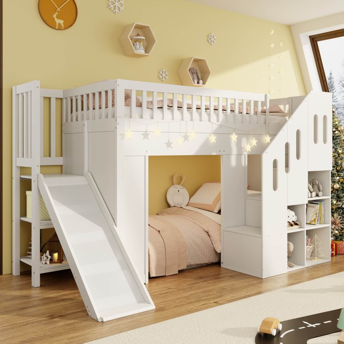 3ft Kids Loft Bed with Storage Stairs & LED Lights - Solid Wood Cabin Bed, White