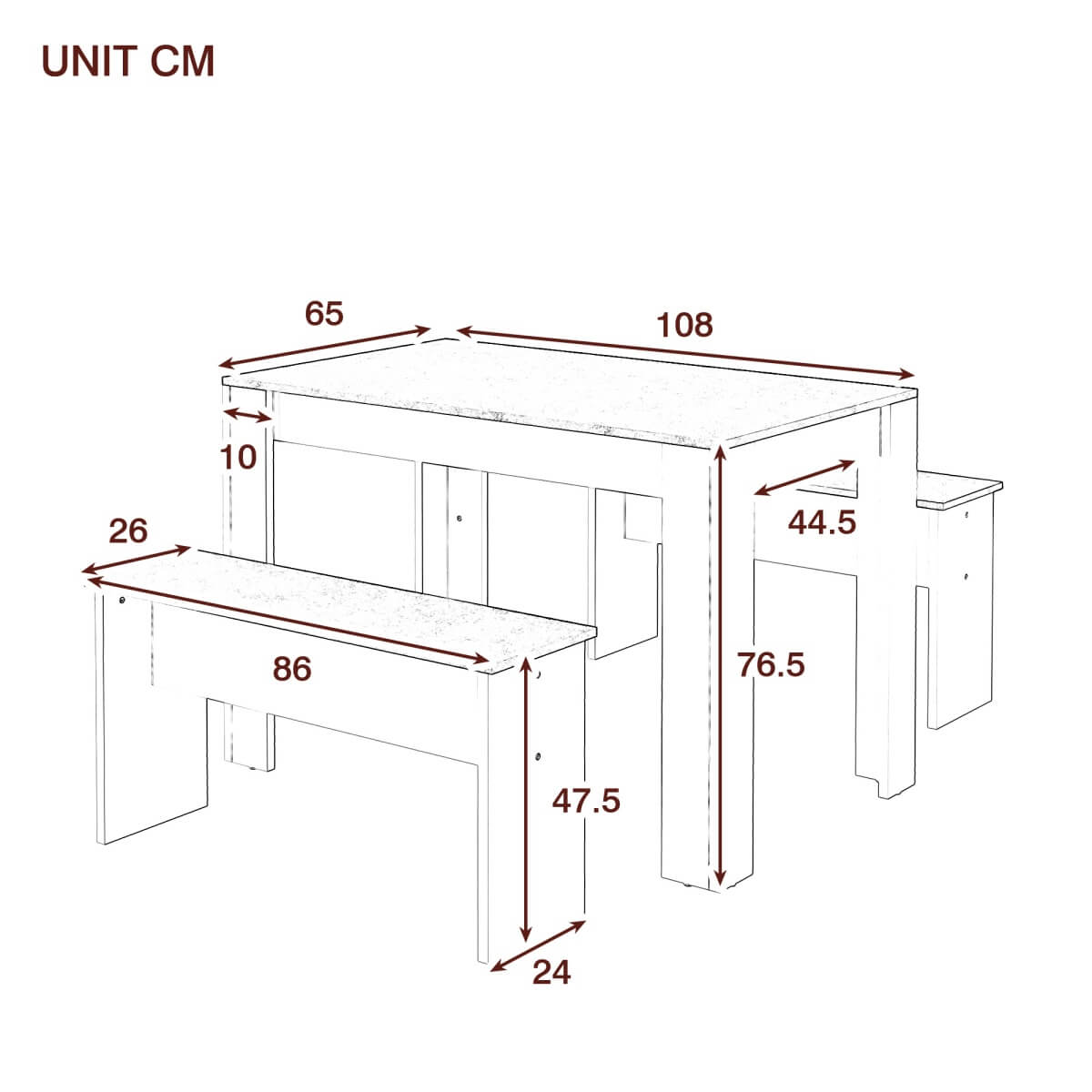 Dining Table Set with 2 Benches – Artificial Marble Kitchen & Dining Table for Small Spaces, Grey & White