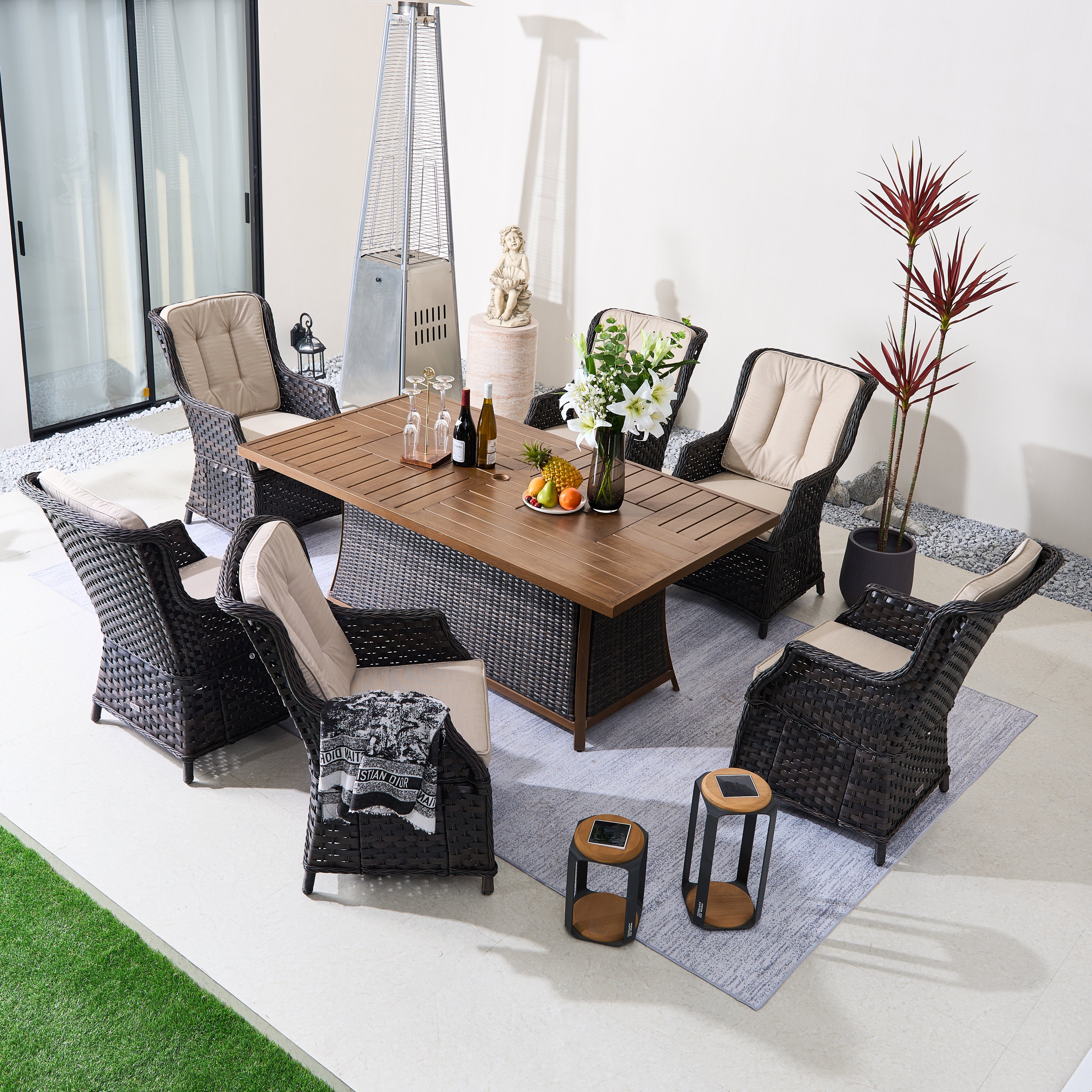 7-Piece Aluminum PE Rattan Fire Pit Dining Set (PAC-010+1106FI)