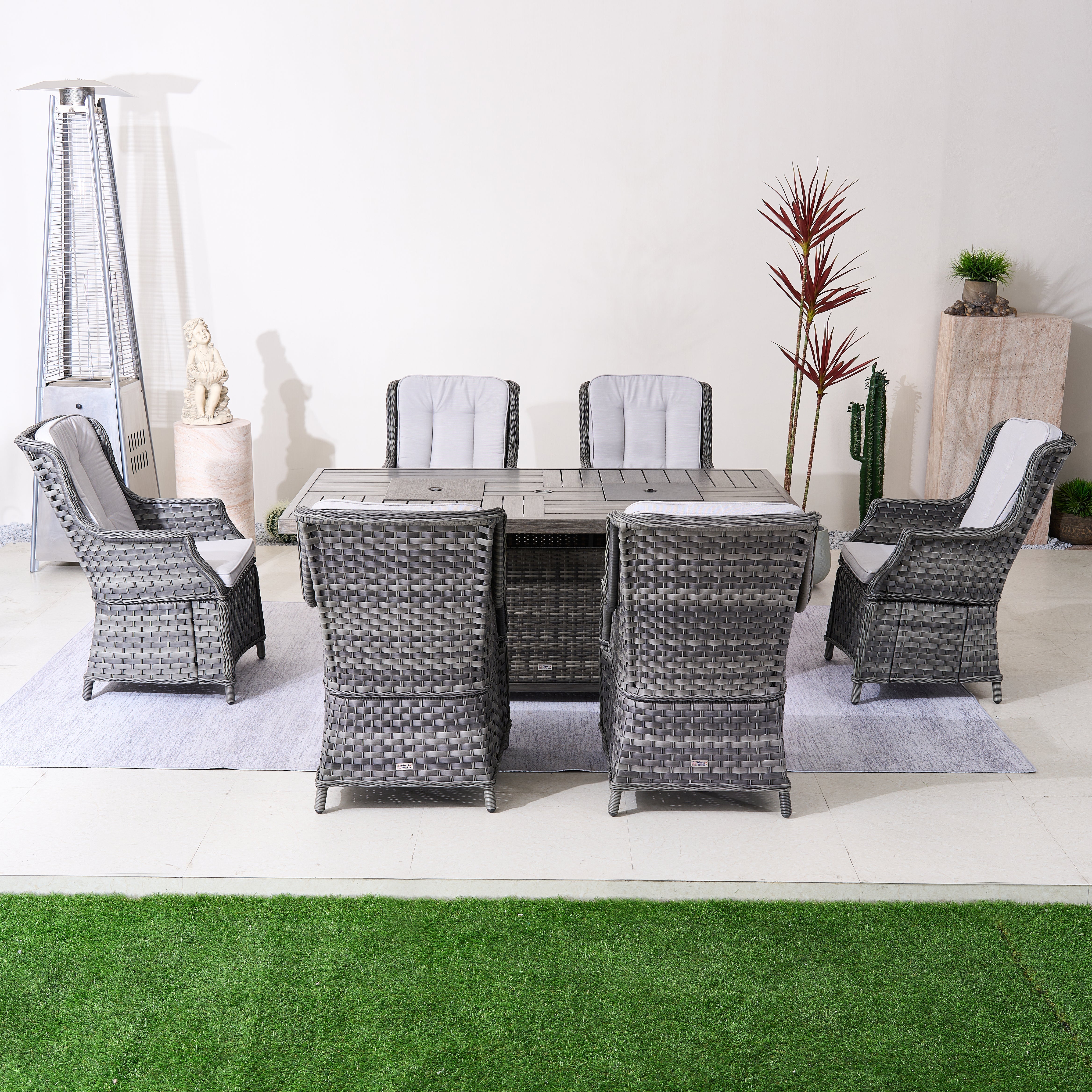 7-Piece Aluminum PE Rattan Fire Pit Dining Set (PAC-010+1106FI)