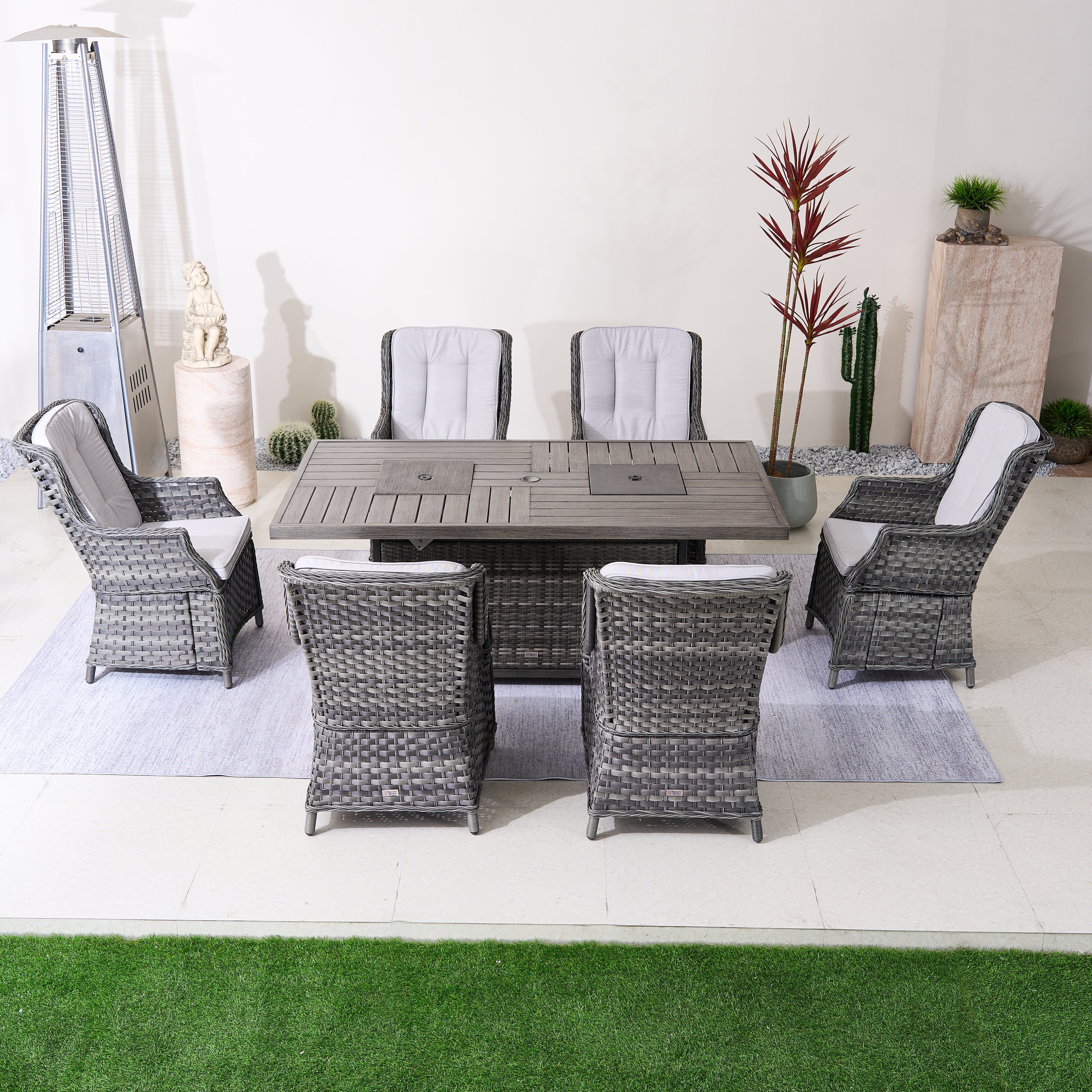 7-Piece Aluminum PE Rattan Fire Pit Dining Set (PAC-010+1106FI)