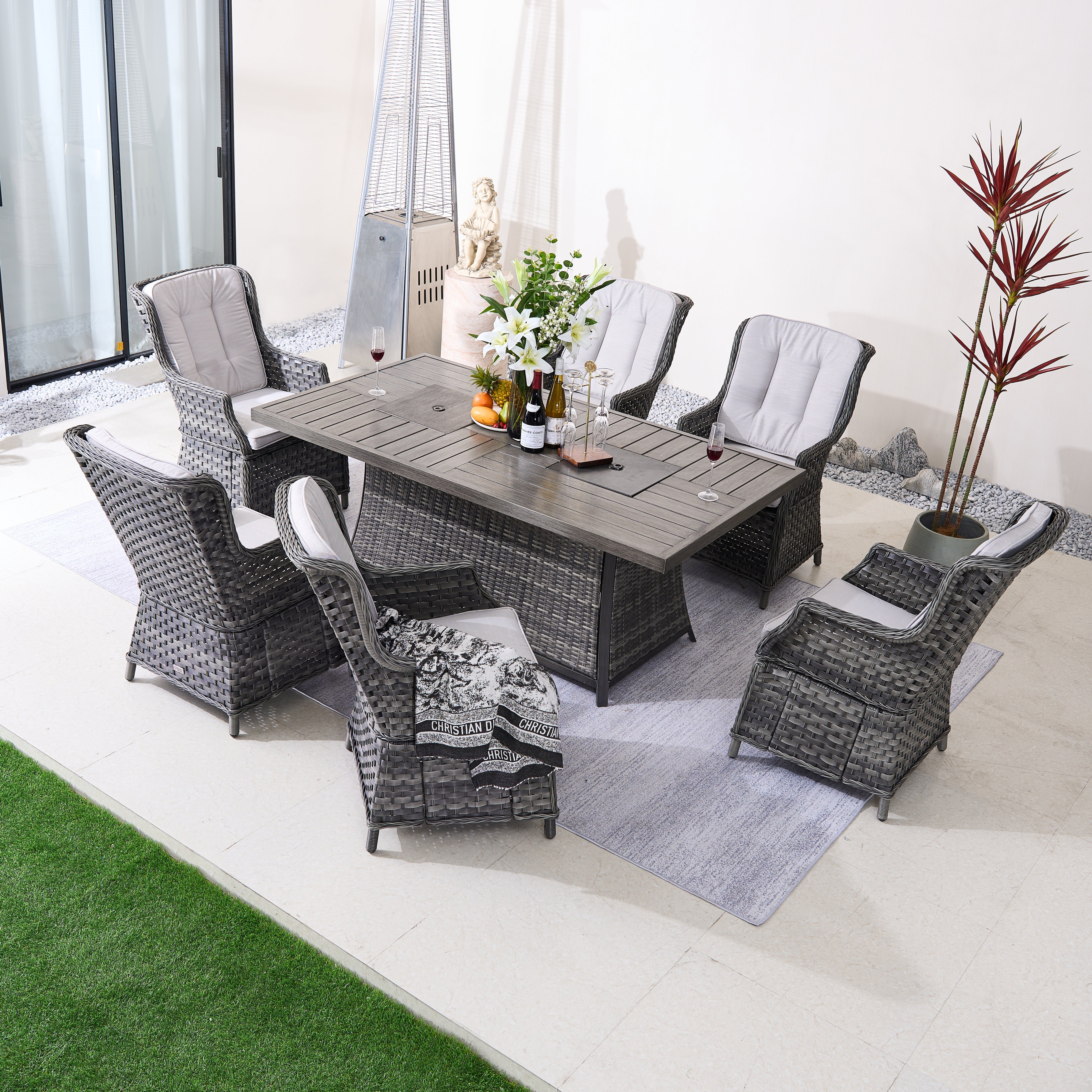 7-Piece Aluminum PE Rattan Fire Pit Dining Set (PAC-010+1106FI)
