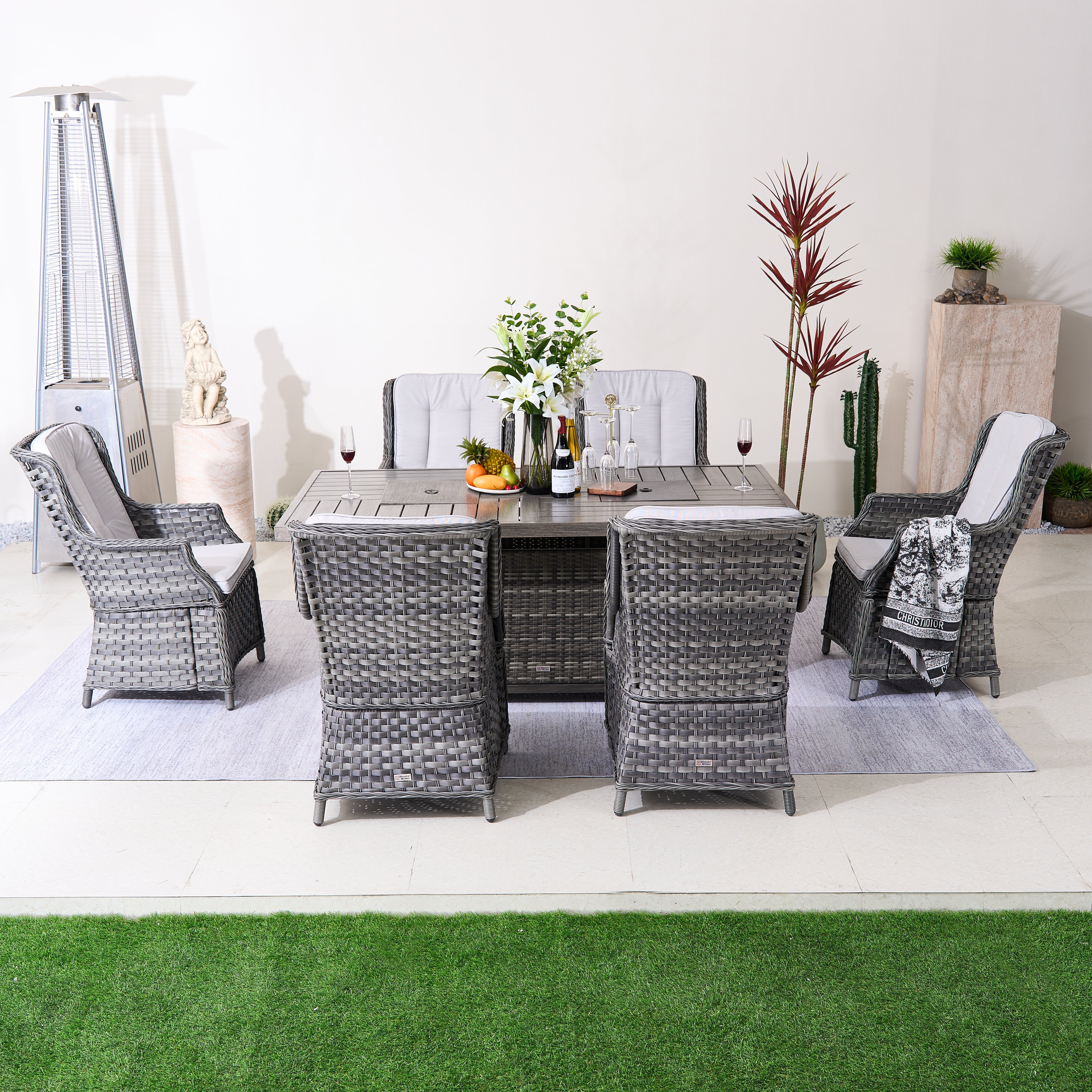 7-Piece Aluminum PE Rattan Fire Pit Dining Set (PAC-010+1106FI)