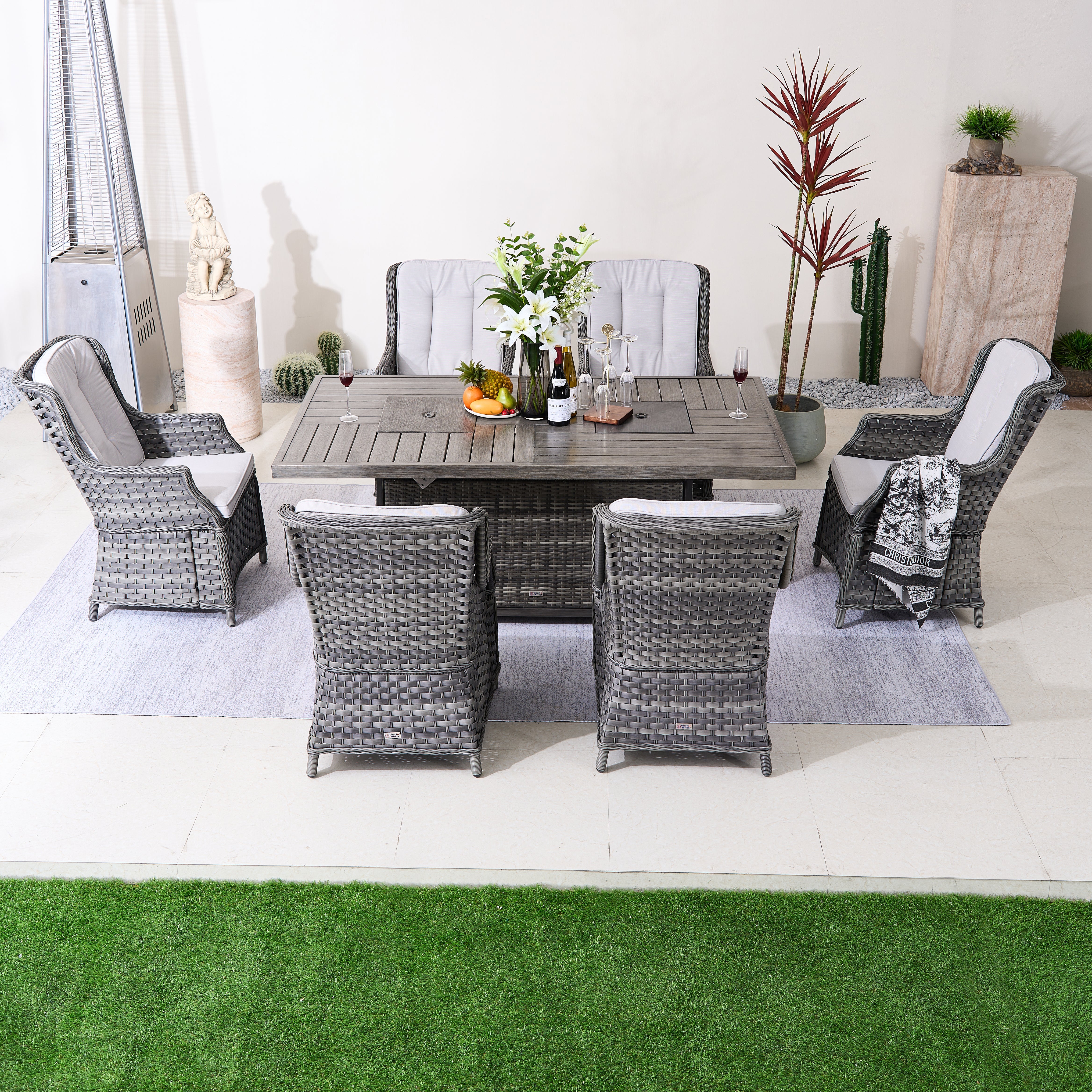 7-Piece Aluminum PE Rattan Fire Pit Dining Set (PAC-010+1106FI)