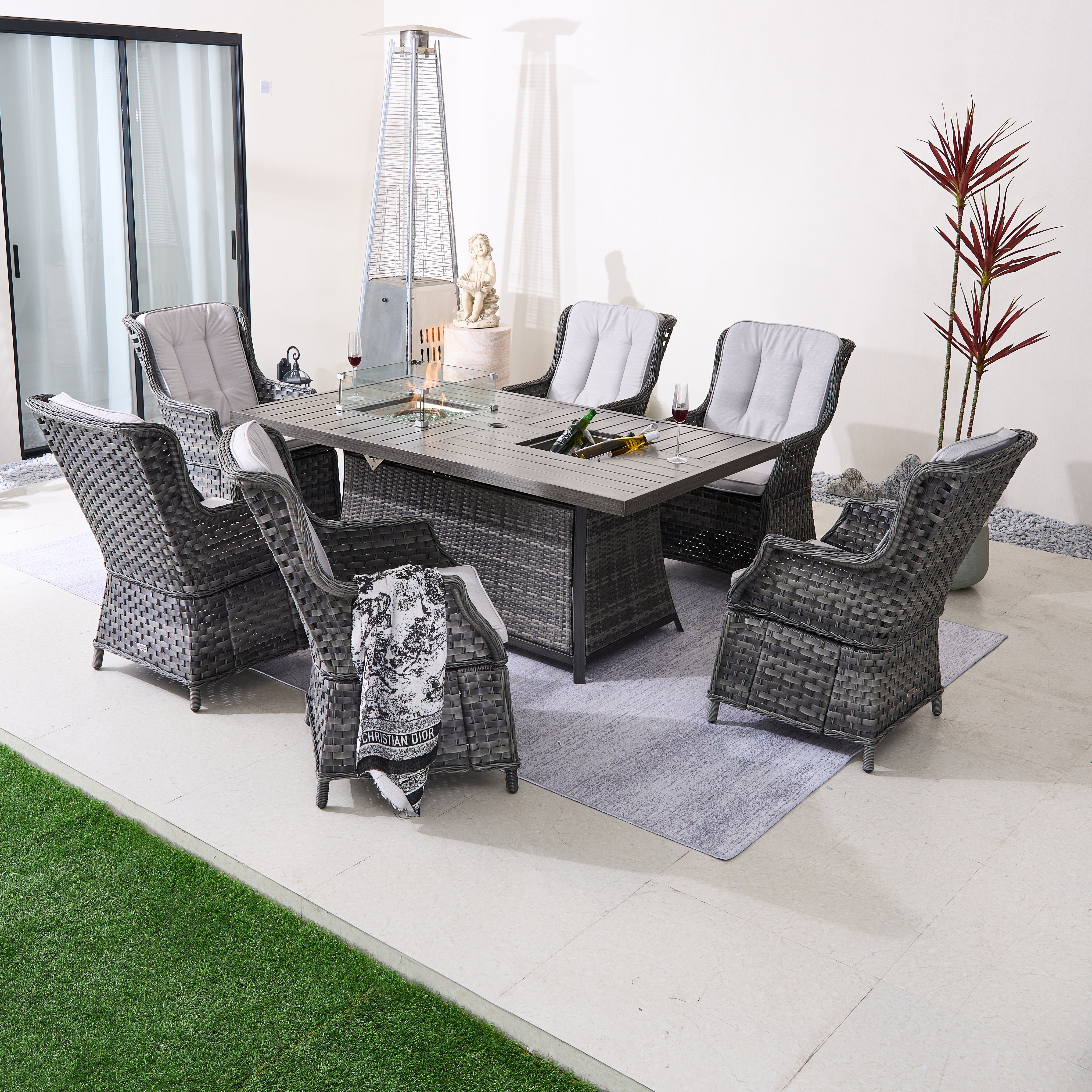 7-Piece Aluminum PE Rattan Fire Pit Dining Set (PAC-010+1106FI)