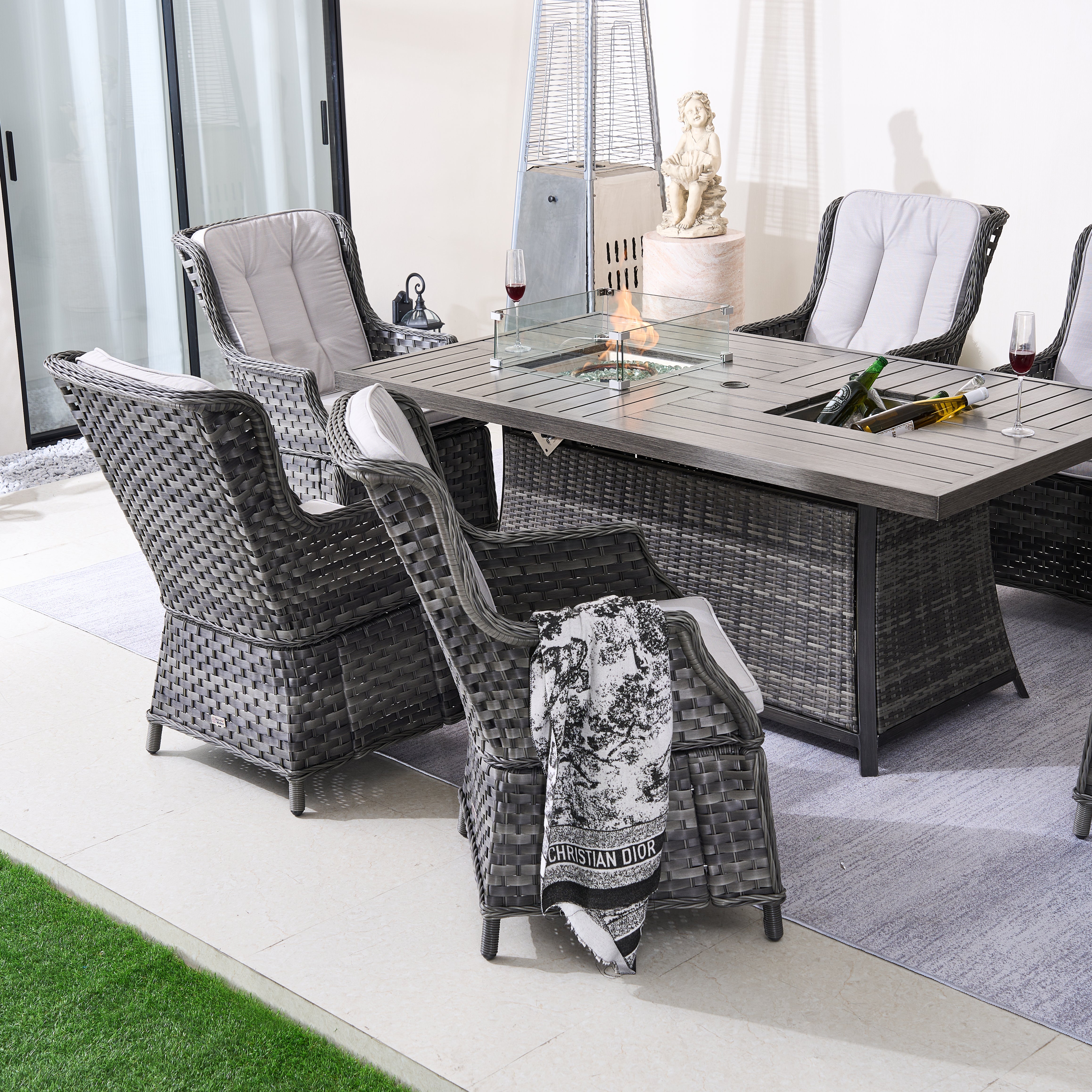 7-Piece Aluminum PE Rattan Fire Pit Dining Set (PAC-010+1106FI)