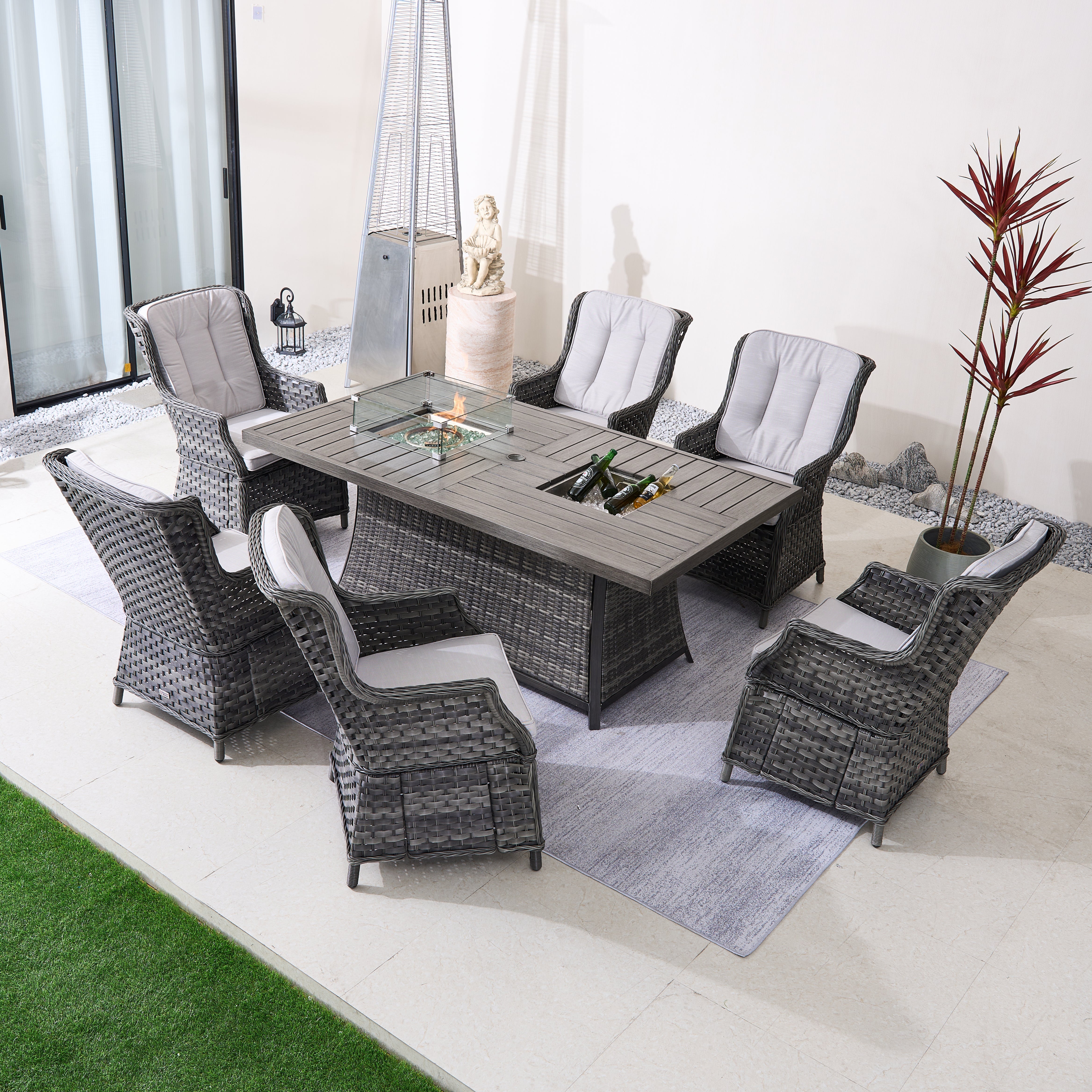 7-Piece Aluminum PE Rattan Fire Pit Dining Set (PAC-010+1106FI)