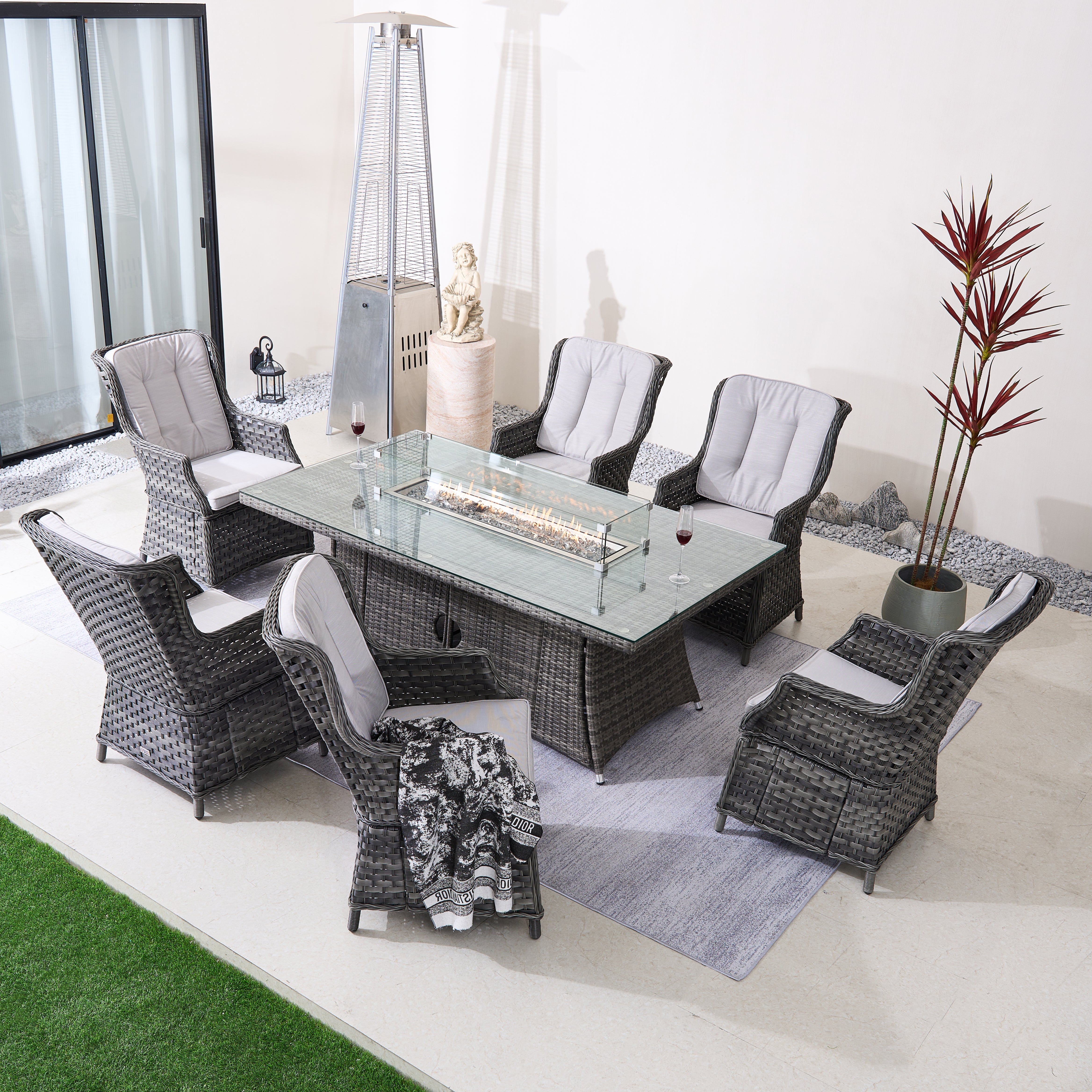 Ravenna 6-Seat Outdoor Patio Dining Set with Rectangle Fire Pit Table (PAG-1106R+010)