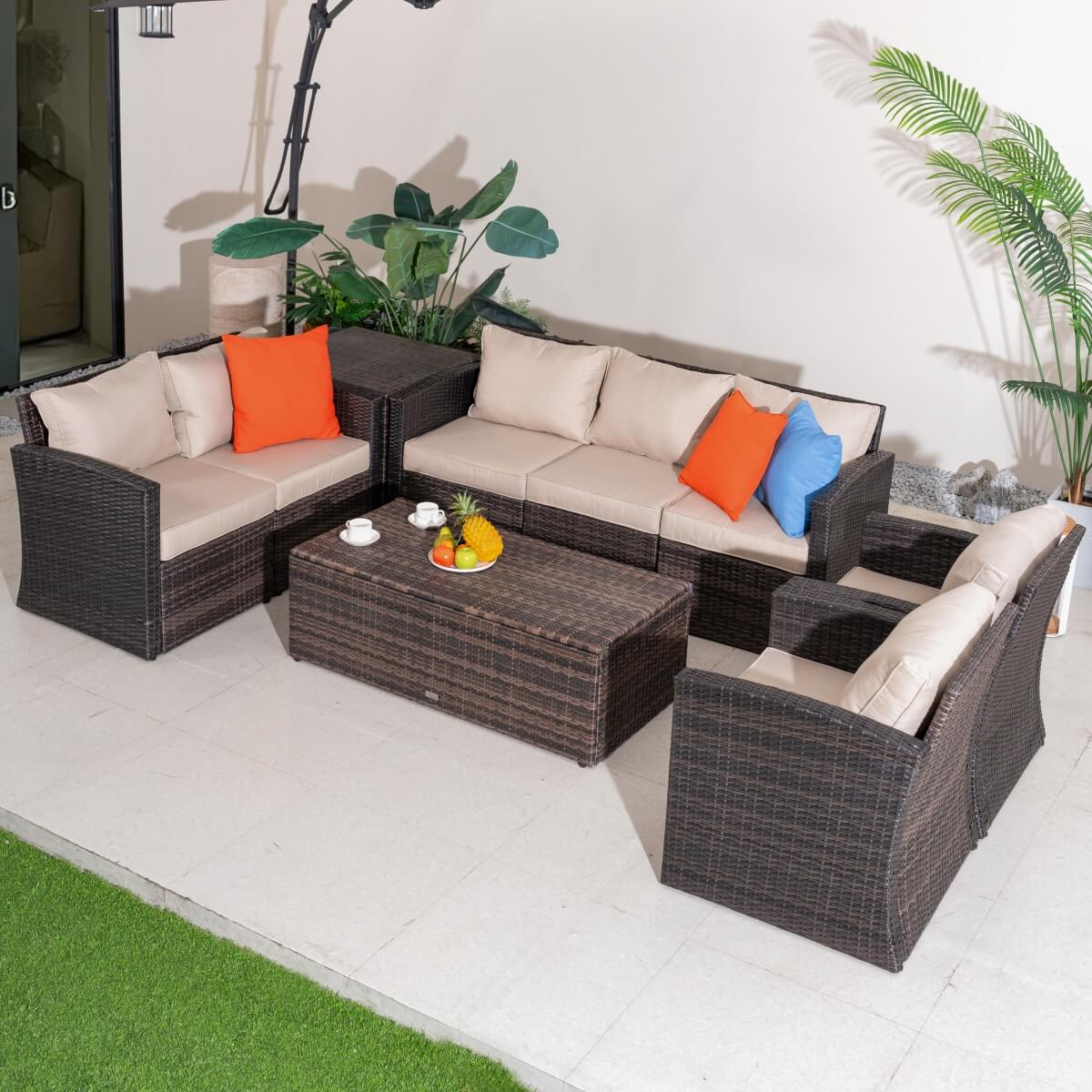 7 Seater Outdoor Garden Lounge Set – Rattan Sofa with Coffee Table and Side Table Featuring Built-In Storage