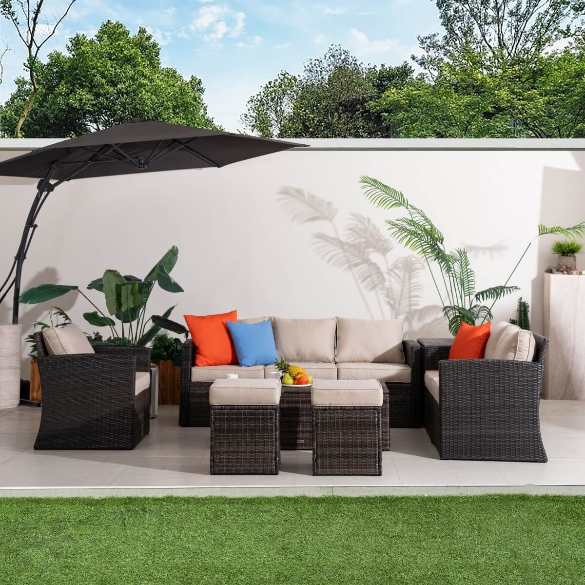 8 Seater Outdoor Garden Lounge Set – Rattan Sofa with Coffee Table and Side Table with Built-In Storage, Footstools and Cushions Included