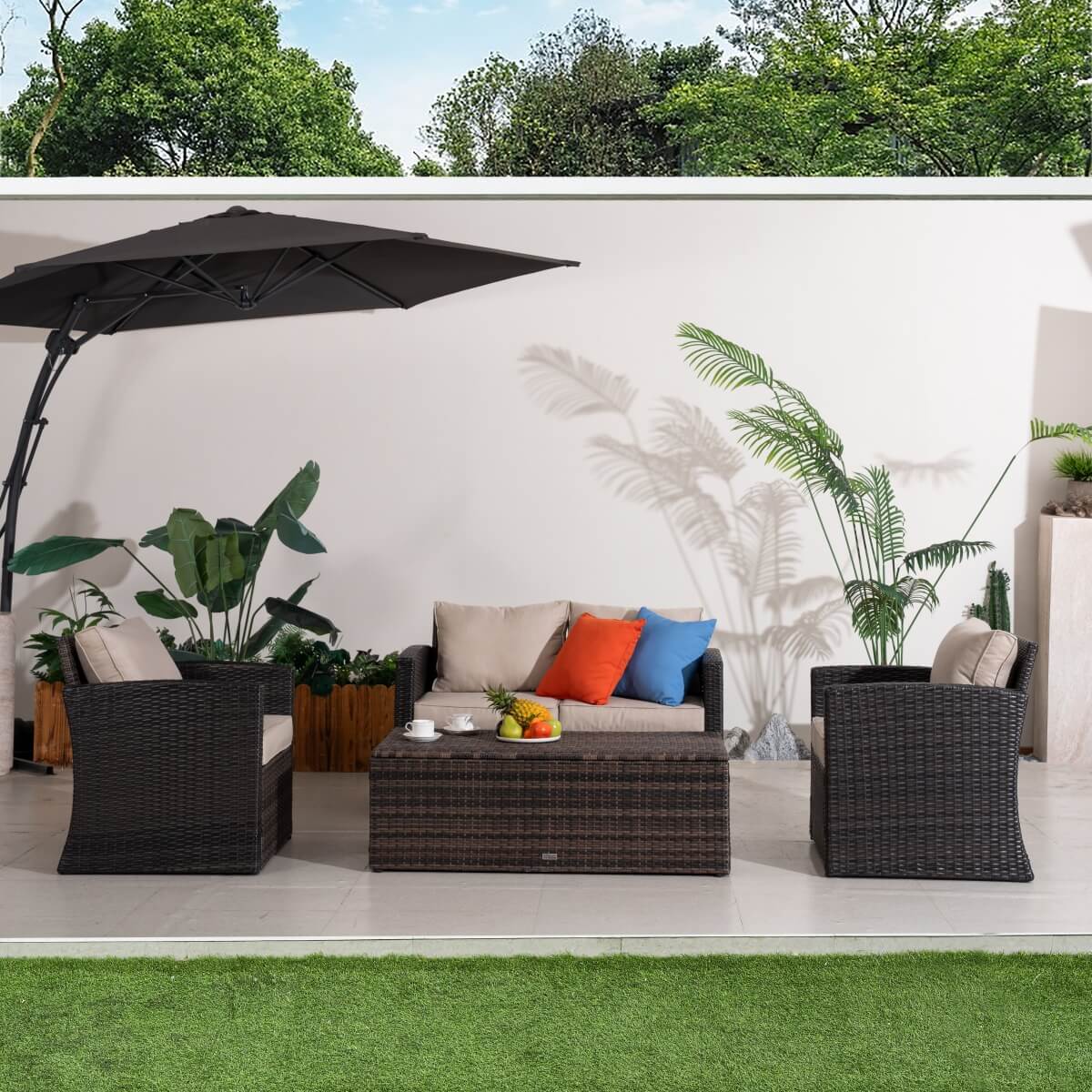 4 Seater Outdoor Rattan Sofa Set – Garden Lounge with Rectangular Coffee Table Featuring Built In Storage