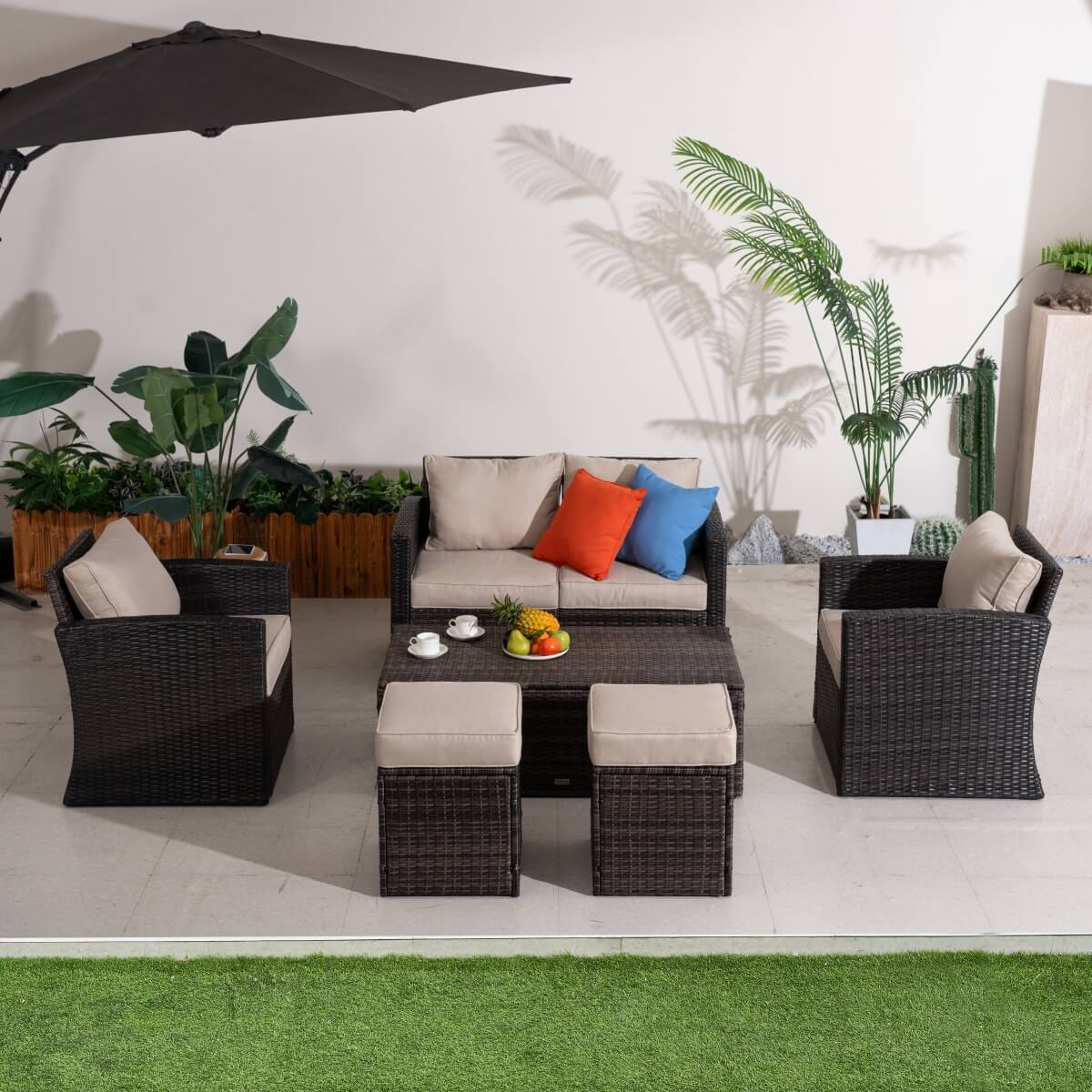6 Seater Outdoor Rattan Sofa Set – Garden Lounge with Coffee Table Featuring Built-In Storage and Footstools