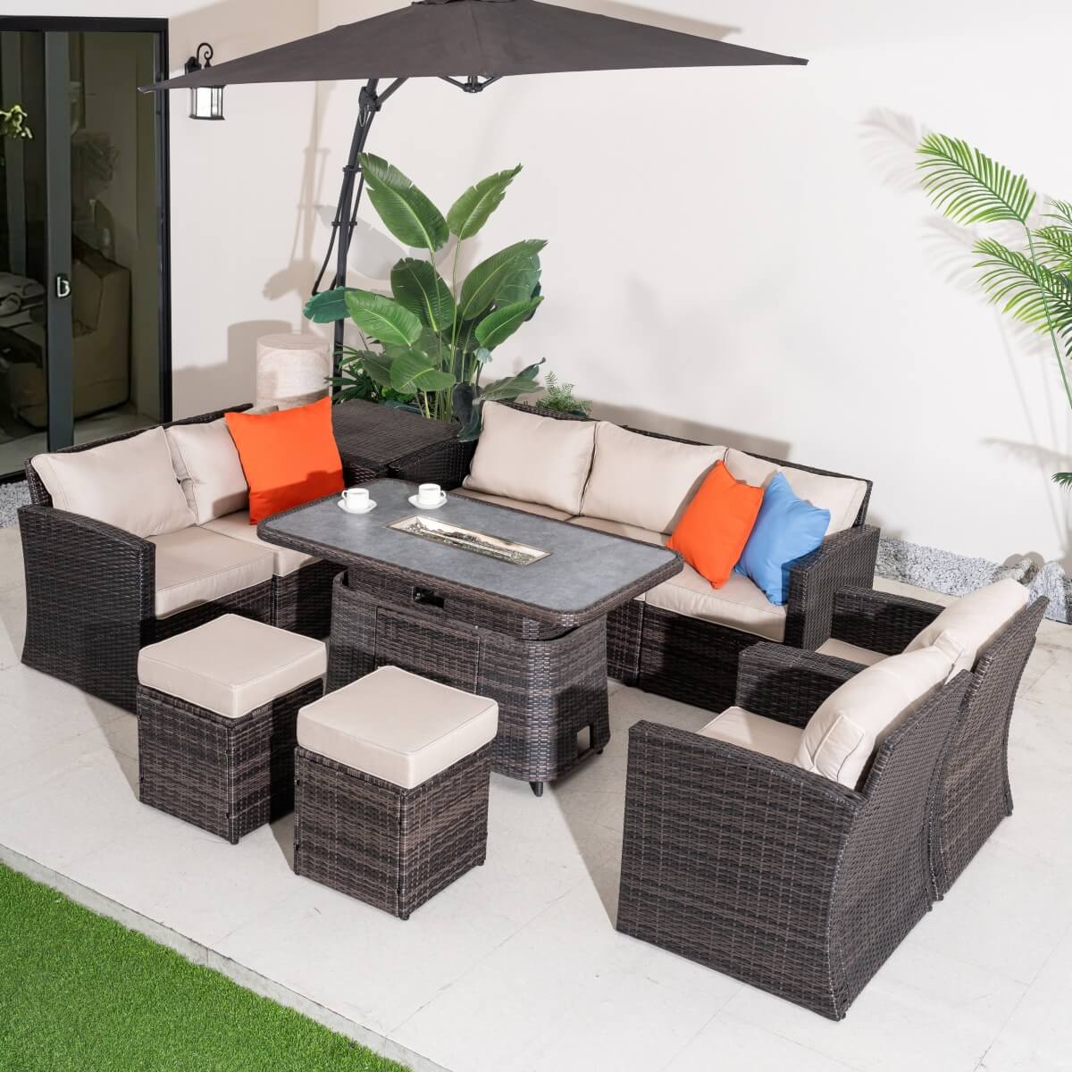 9 Seater Outdoor Rattan Fire Pit Sofa Set – Garden Lounge with Adjustable Height Rectangular Fire Pit Table