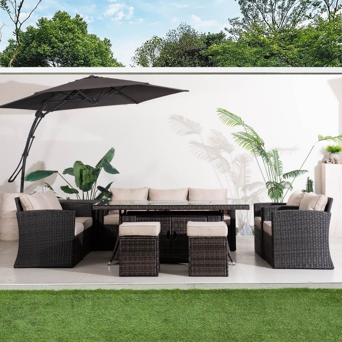 9 Seater Outdoor Rattan Fire Pit Sofa Set – Garden Lounge with Rectangular Fire Pit Table and Side Table with Built-In Storage