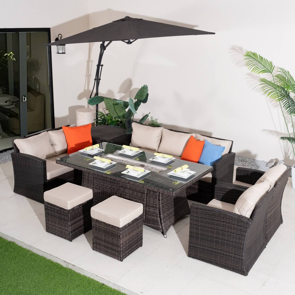 9 Seater Outdoor Rattan Fire Pit Sofa Set – Garden Lounge with Rectangular Fire Pit Table and Side Table with Built-In Storage