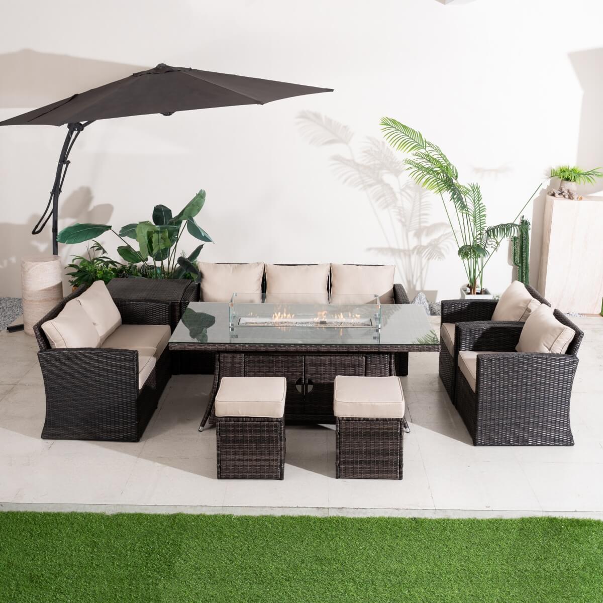 9 Seater Outdoor Rattan Fire Pit Sofa Set – Garden Lounge with Rectangular Fire Pit Table and Side Table with Built-In Storage