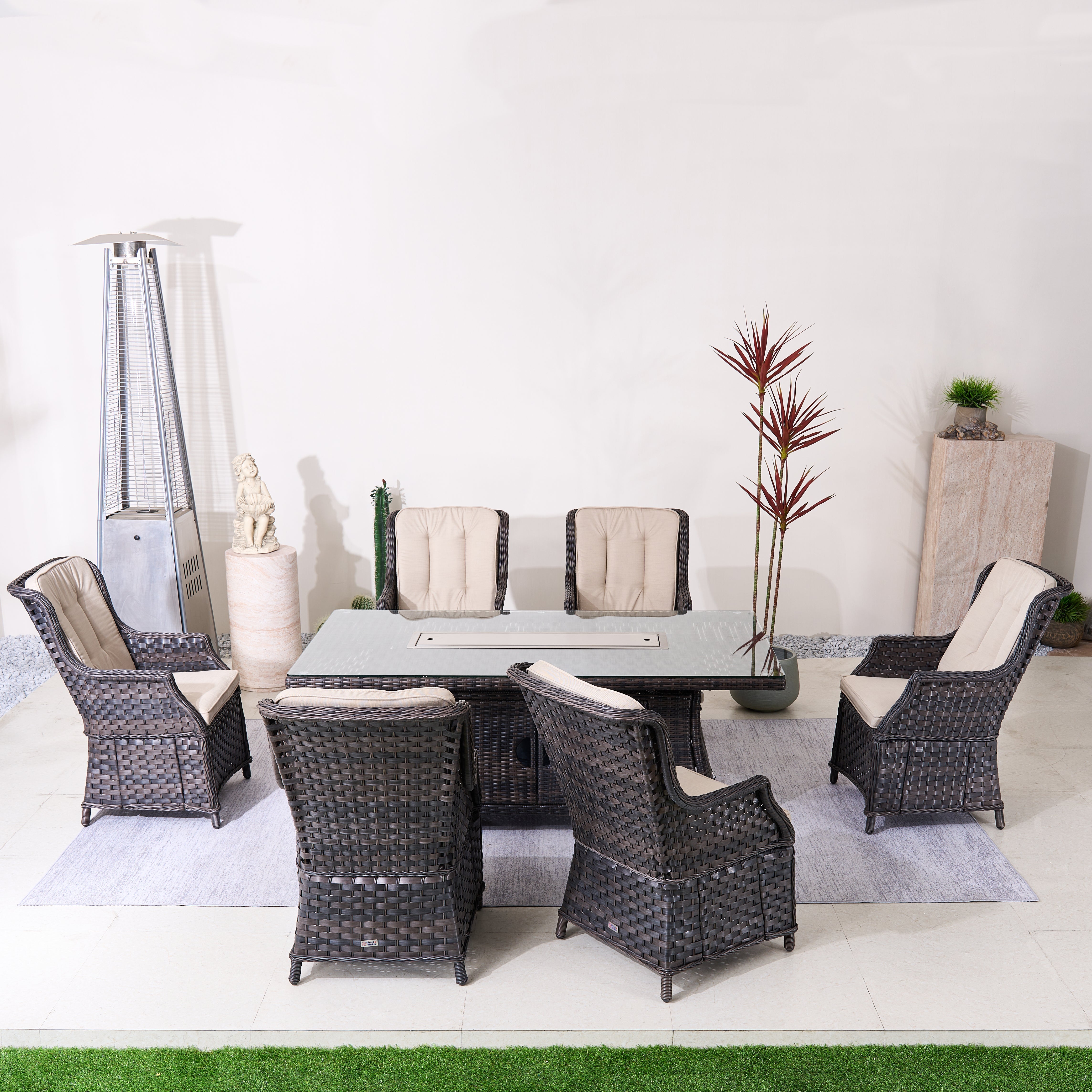 Ravenna 6-Seat Outdoor Patio Dining Set with Rectangle Fire Pit Table (PAG-1106R+010)