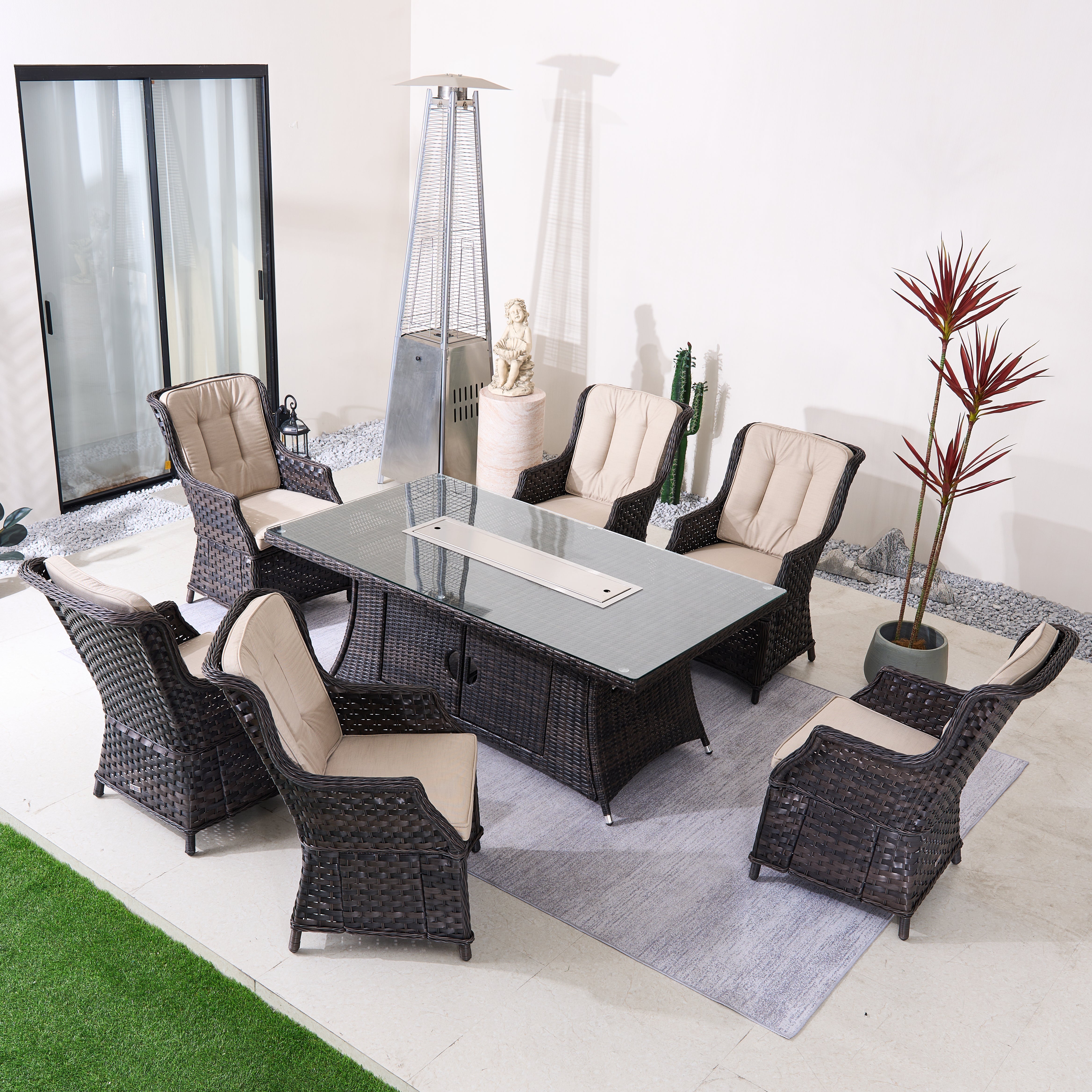 Ravenna 6-Seat Outdoor Patio Dining Set with Rectangle Fire Pit Table (PAG-1106R+010)