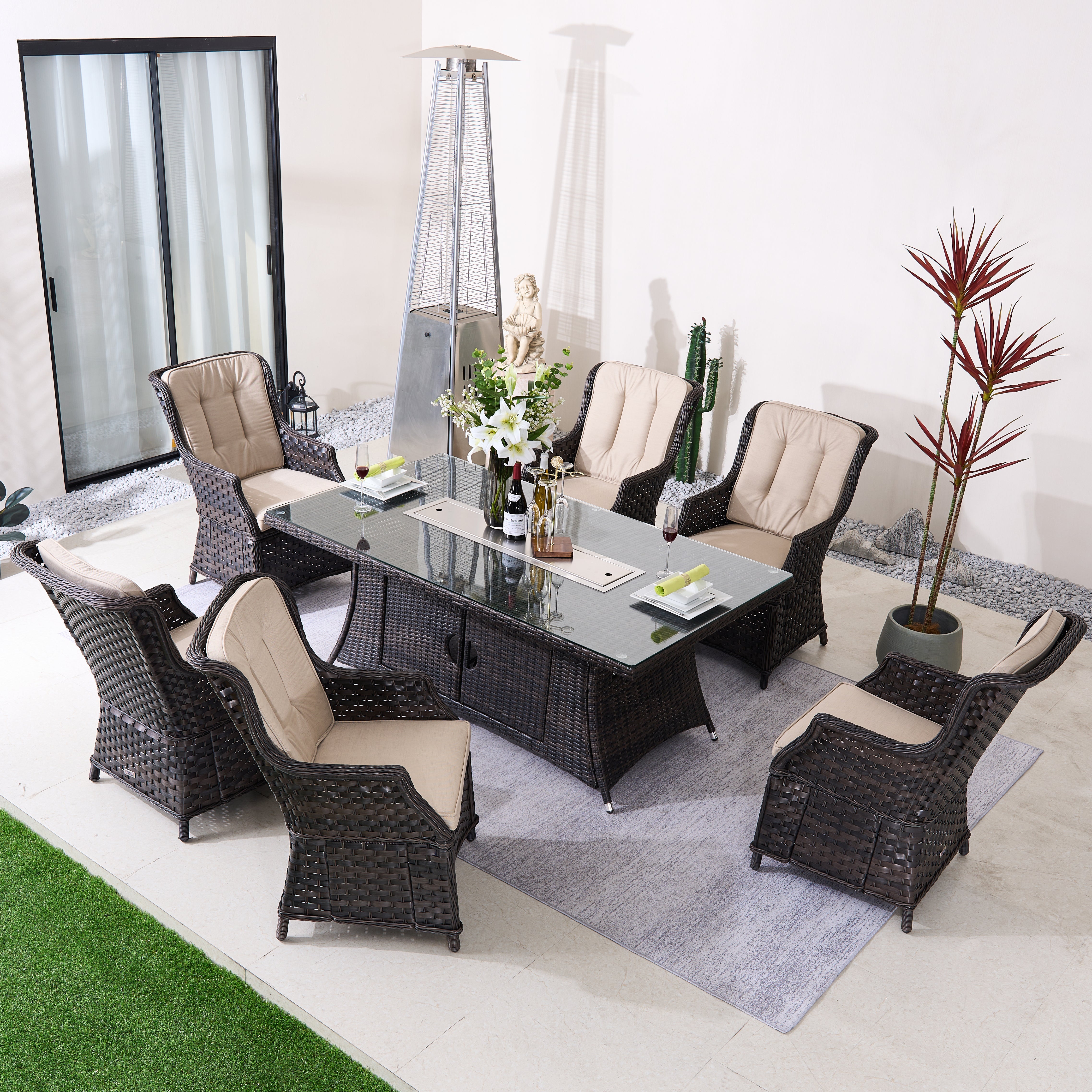 Ravenna 6-Seat Outdoor Patio Dining Set with Rectangle Fire Pit Table (PAG-1106R+010)