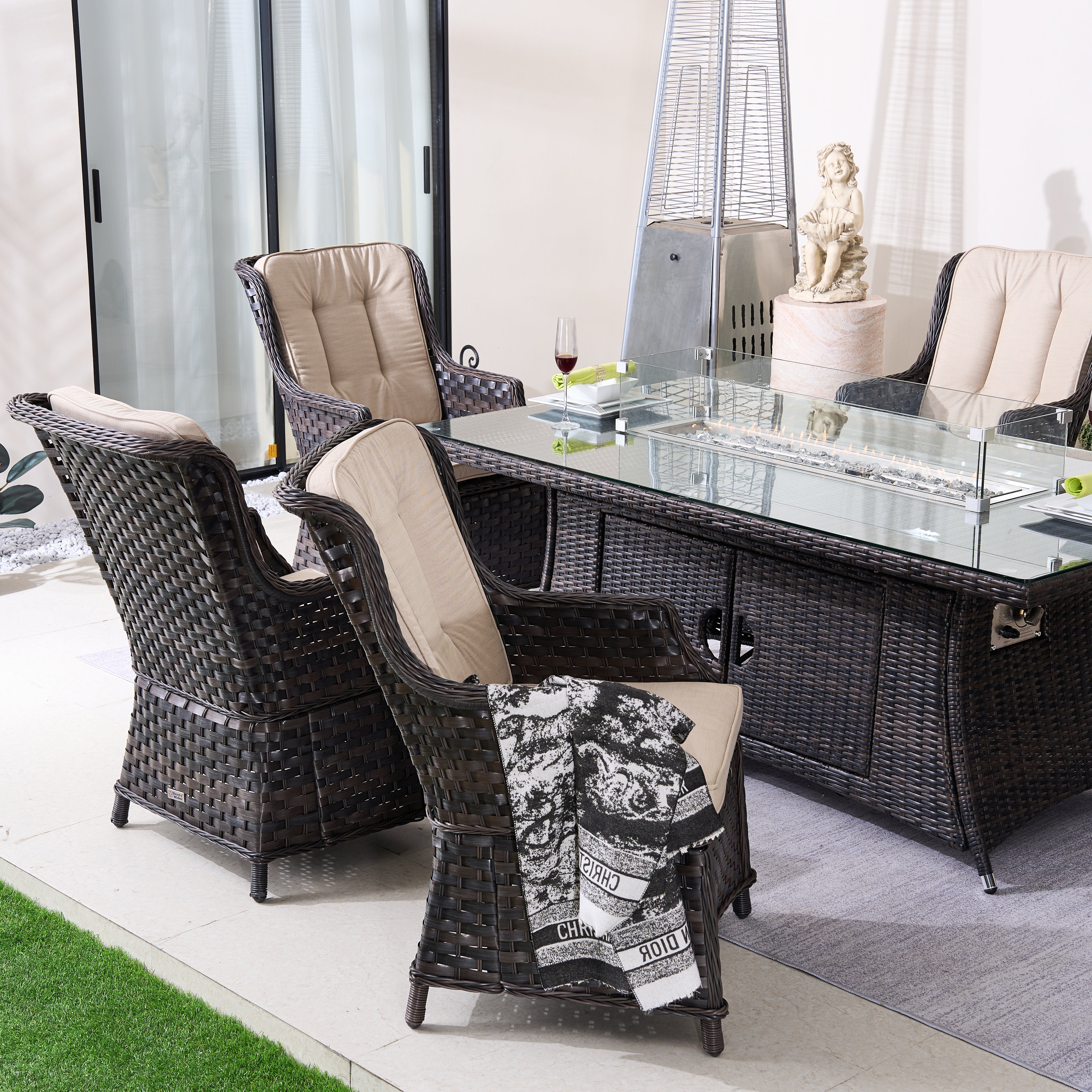 Ravenna 6-Seat Outdoor Patio Dining Set with Rectangle Fire Pit Table (PAG-1106R+010)