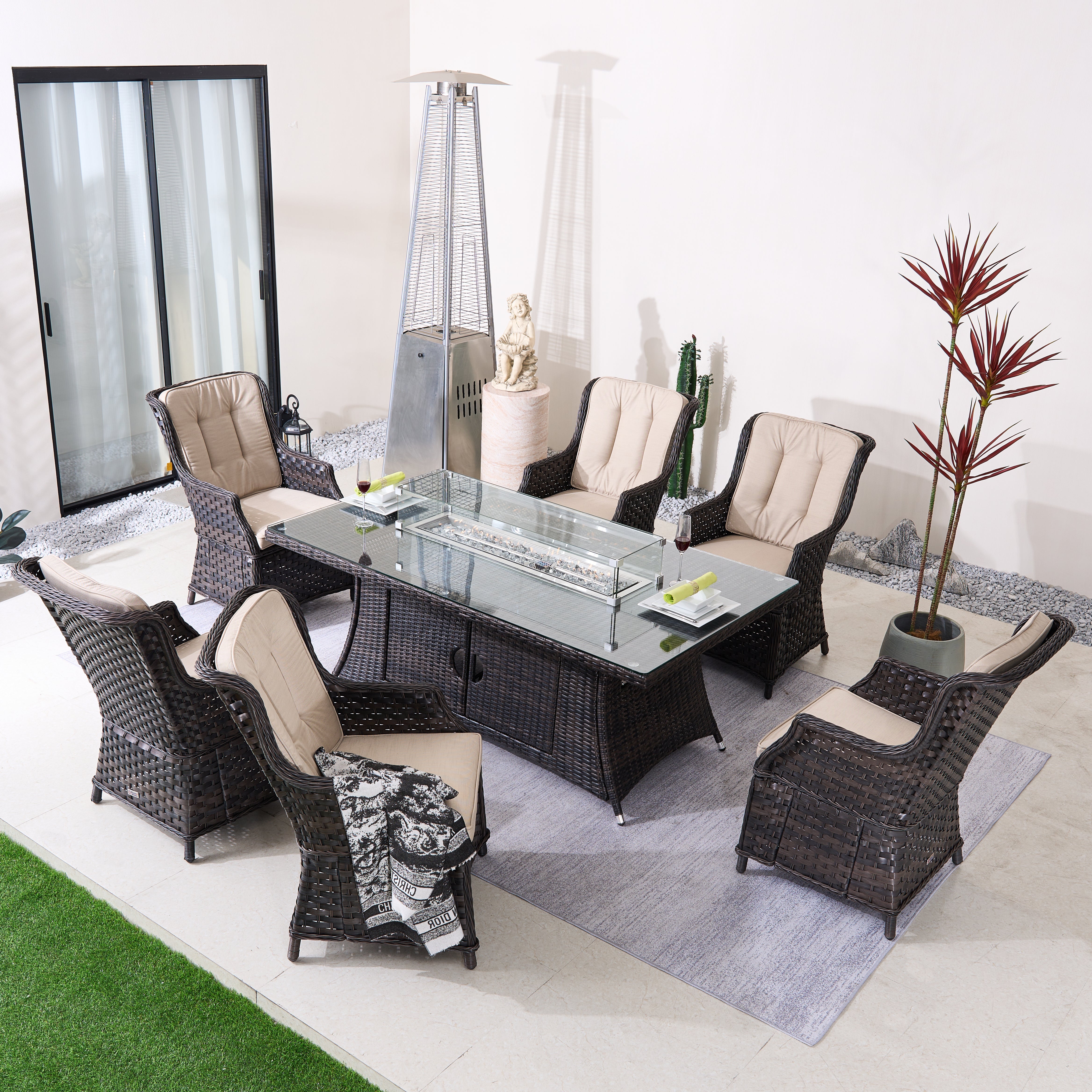 Ravenna 6-Seat Outdoor Patio Dining Set with Rectangle Fire Pit Table (PAG-1106R+010)