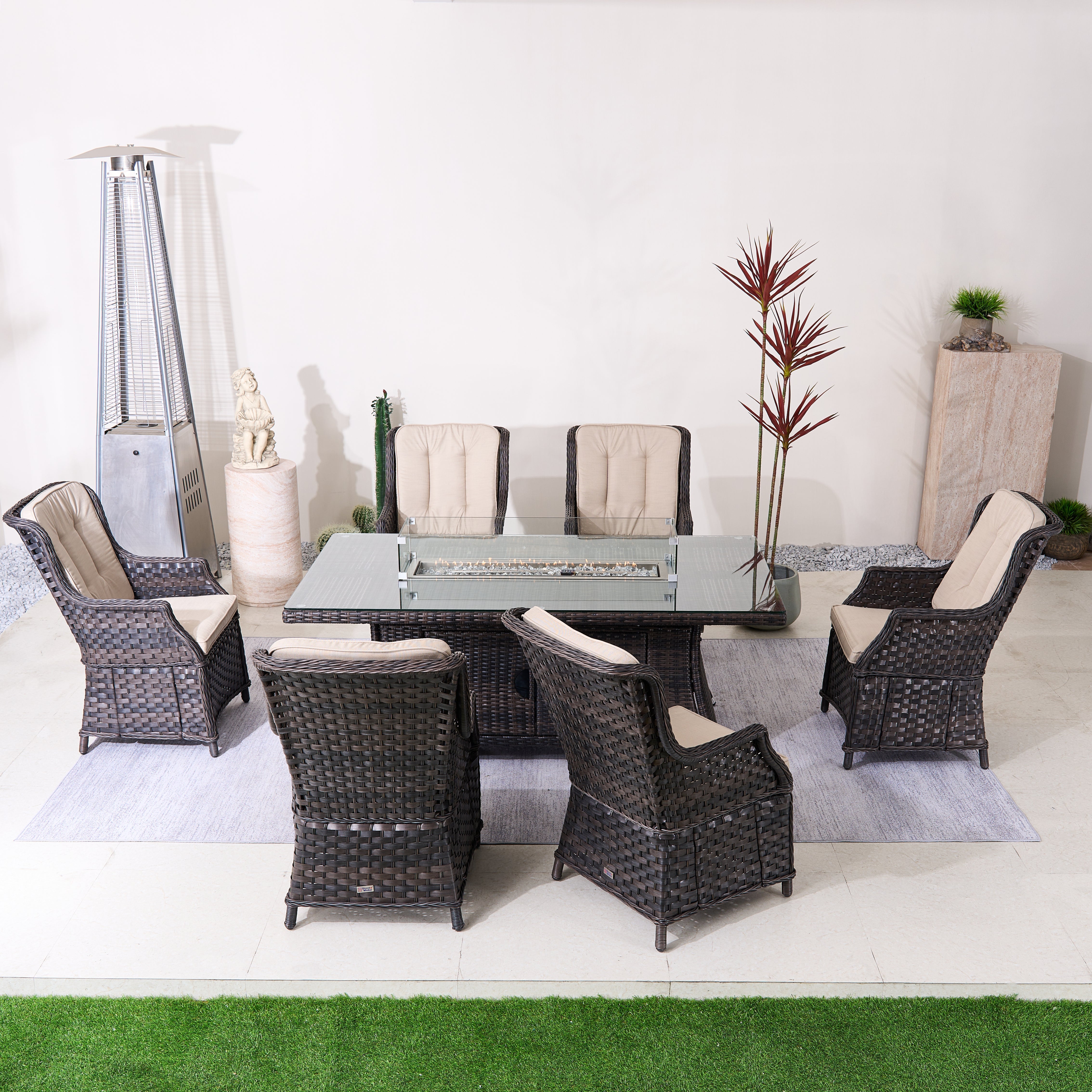 Ravenna 6-Seat Outdoor Patio Dining Set with Rectangle Fire Pit Table (PAG-1106R+010)