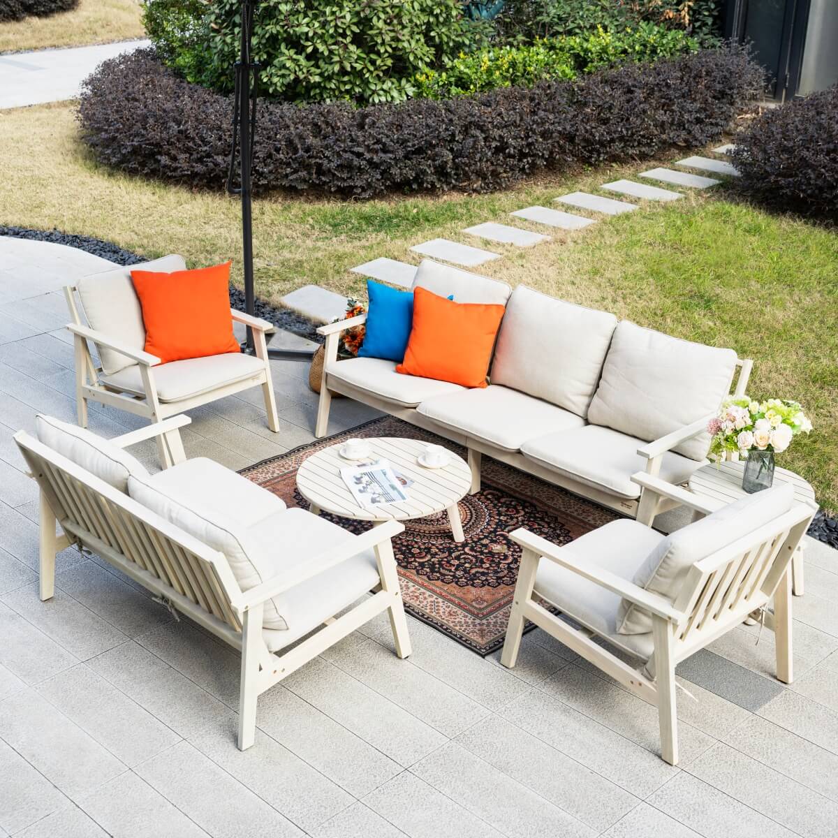 7-Seater Wooden Outdoor Sofa Set – Garden Lounge with Round Coffee Table and Side Table