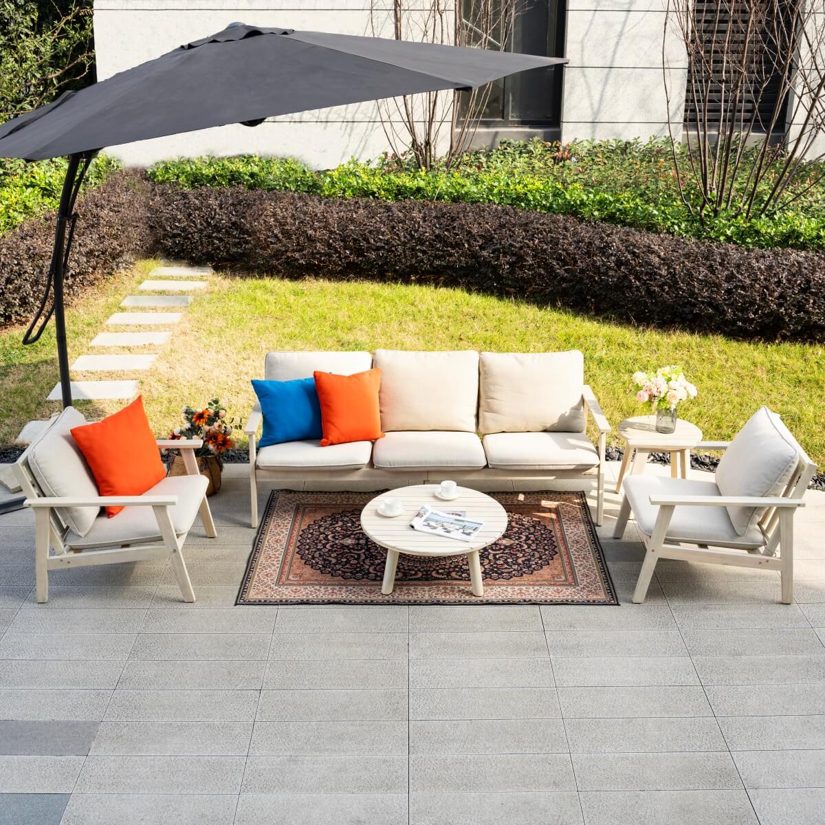5-Seater Wooden Outdoor Furniture Set – Garden Sofa with Round Coffee Table and Side Table