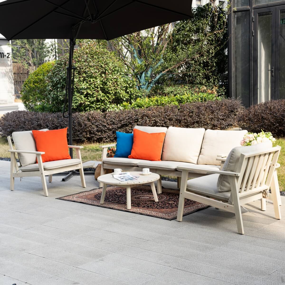 5-Seater Wooden Outdoor Furniture Set – Garden Sofa with Round Coffee Table and Side Table