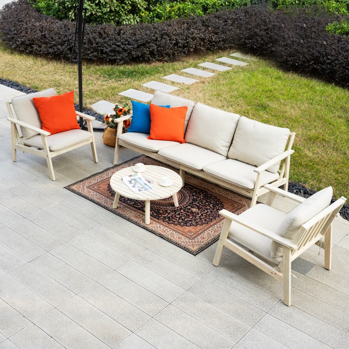 5-Seater Wooden Outdoor Furniture Set – Garden Sofa with Round Coffee Table