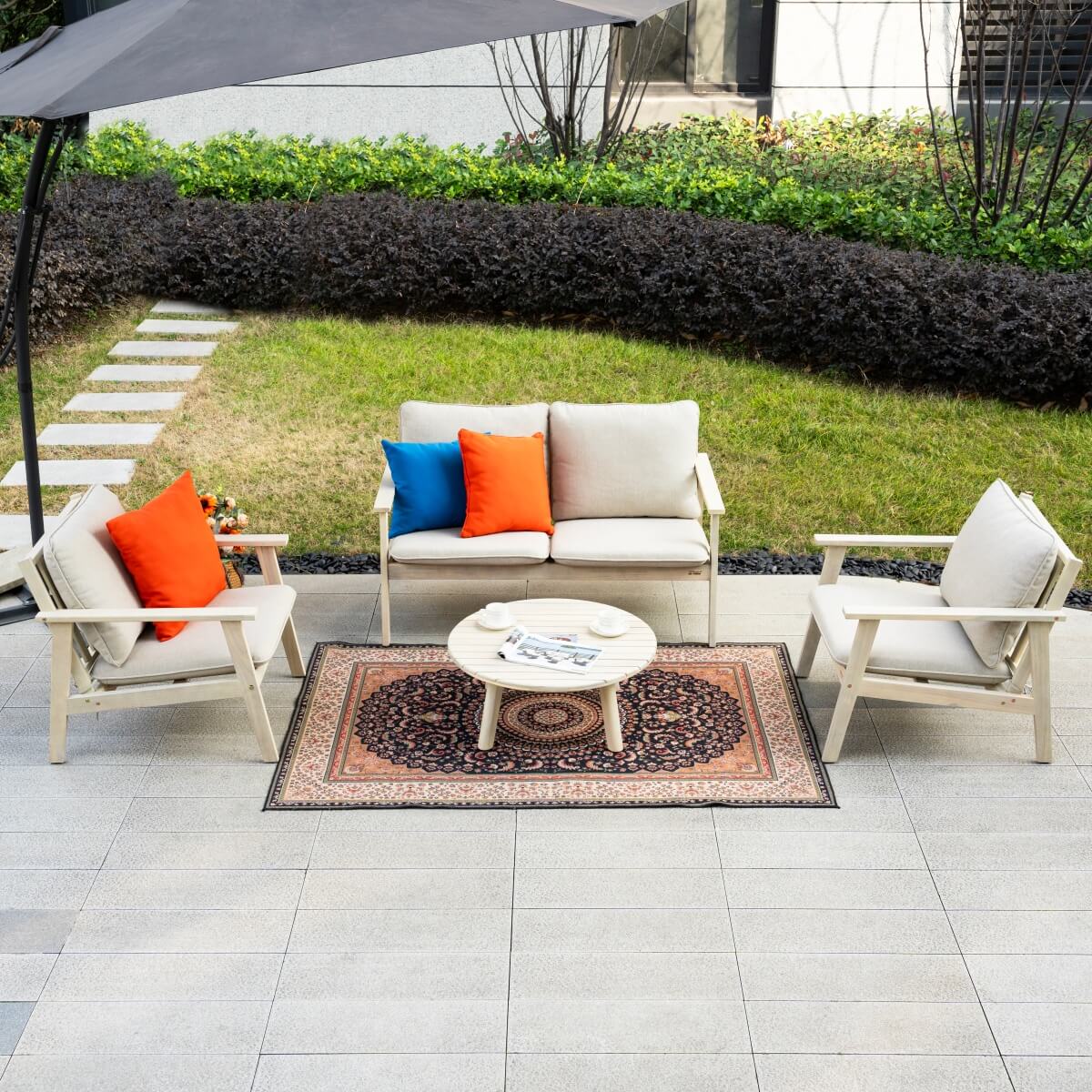 4-Seater Wooden Outdoor Sofa Set – Garden Lounge with Round Coffee Table