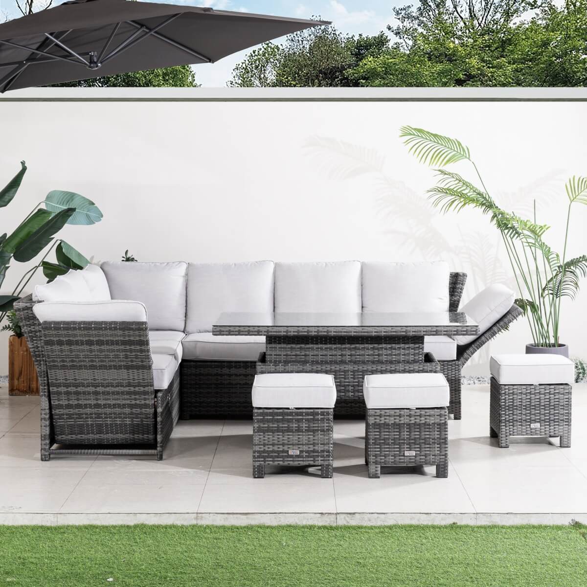 Premium Aluminium Modular Sofa Set – 9-Seater with Gas-Lift Armrests & Adjustable Table, Grey/Brown( PAS-2531)