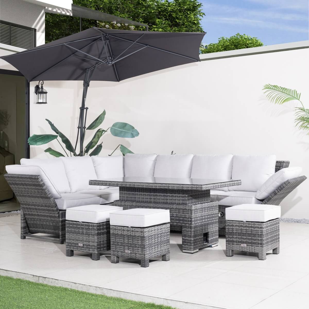 Premium Aluminium Modular Sofa Set – 9-Seater with Gas-Lift Armrests & Adjustable Table, Grey/Brown( PAS-2531)