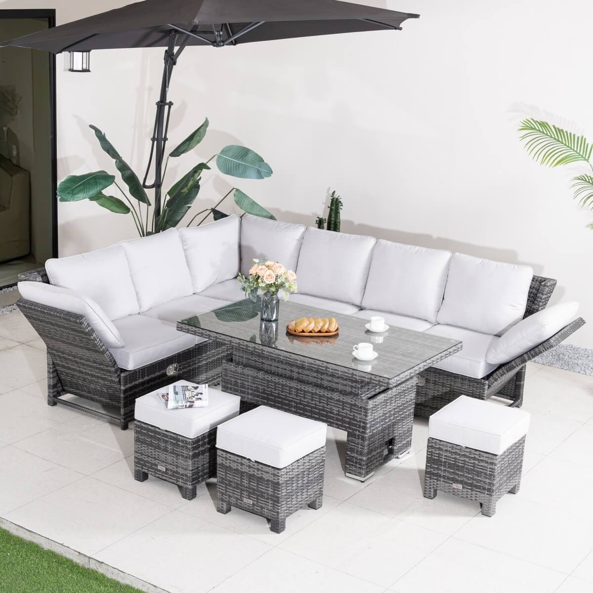 Premium Aluminium Modular Sofa Set – 9-Seater with Gas-Lift Armrests & Adjustable Table, Grey/Brown( PAS-2531)