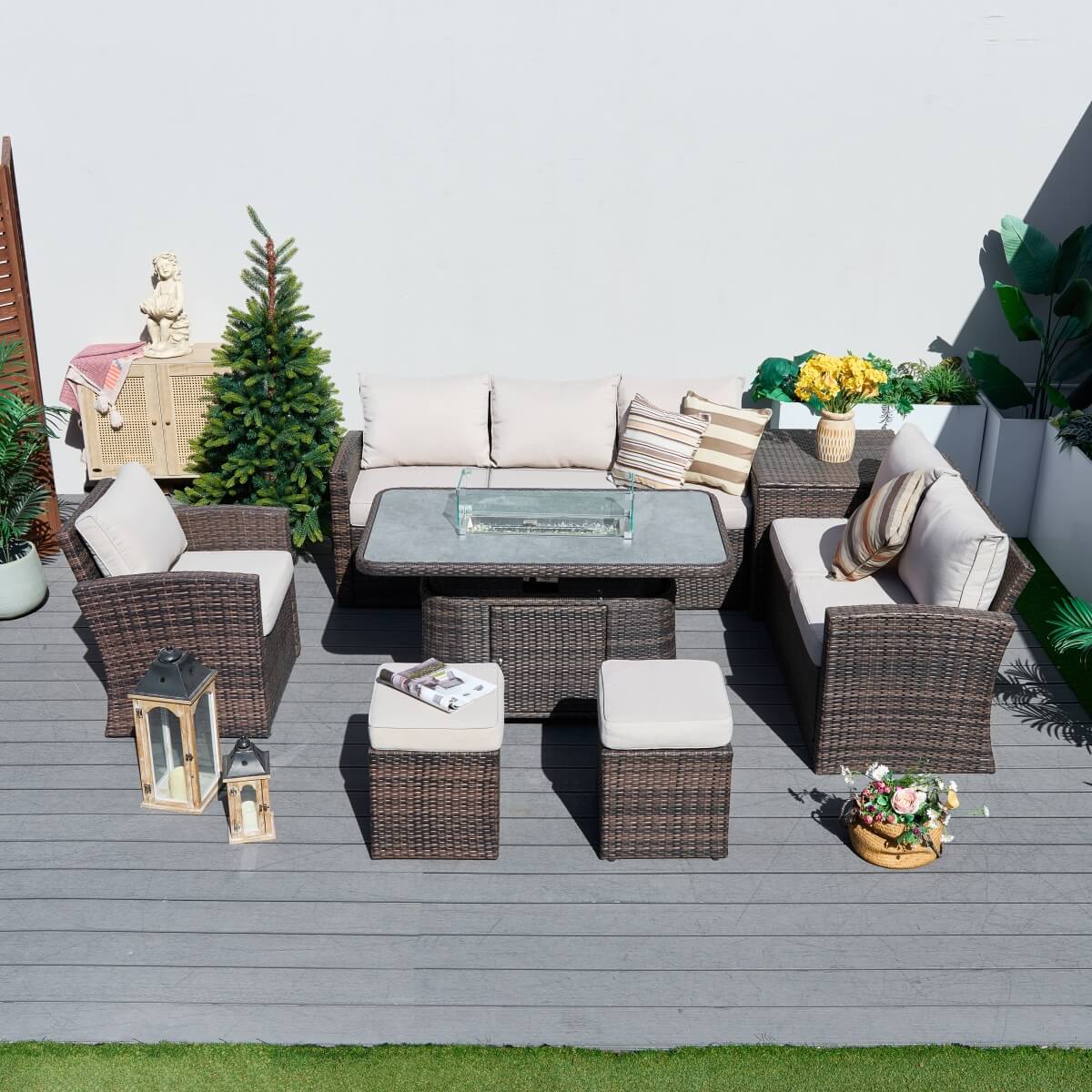 8 Seater Outdoor Rattan Sofa Set – Garden Lounge with Height Adjustable Fire Pit Table and Side Table with Built-In Storage