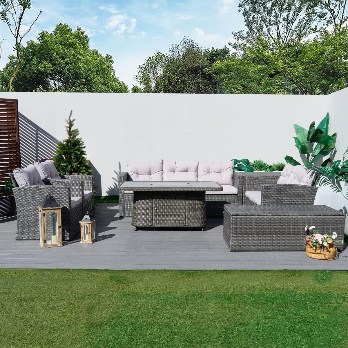 7 Seater Outdoor Rattan Fire Pit Sofa Set – Garden Lounge with Height Adjustable Fire Pit Table and 2 Storage Boxes