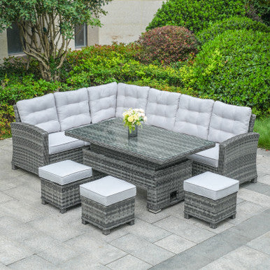 8-Piece PE Rattan Aluminum Corner Conversation Sofa Set with Adjustable Lift Table—PAS-16002B-SET
