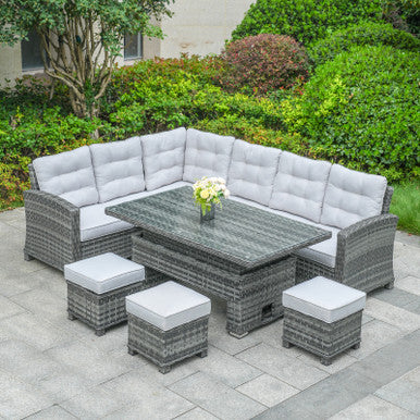8-Piece PE Rattan Aluminum Corner Conversation Sofa Set with Adjustable Lift Table—PAS-16002B-SET