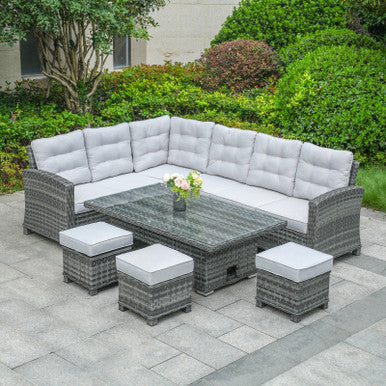 8-Piece PE Rattan Aluminum Corner Conversation Sofa Set with Adjustable Lift Table—PAS-16002B-SET